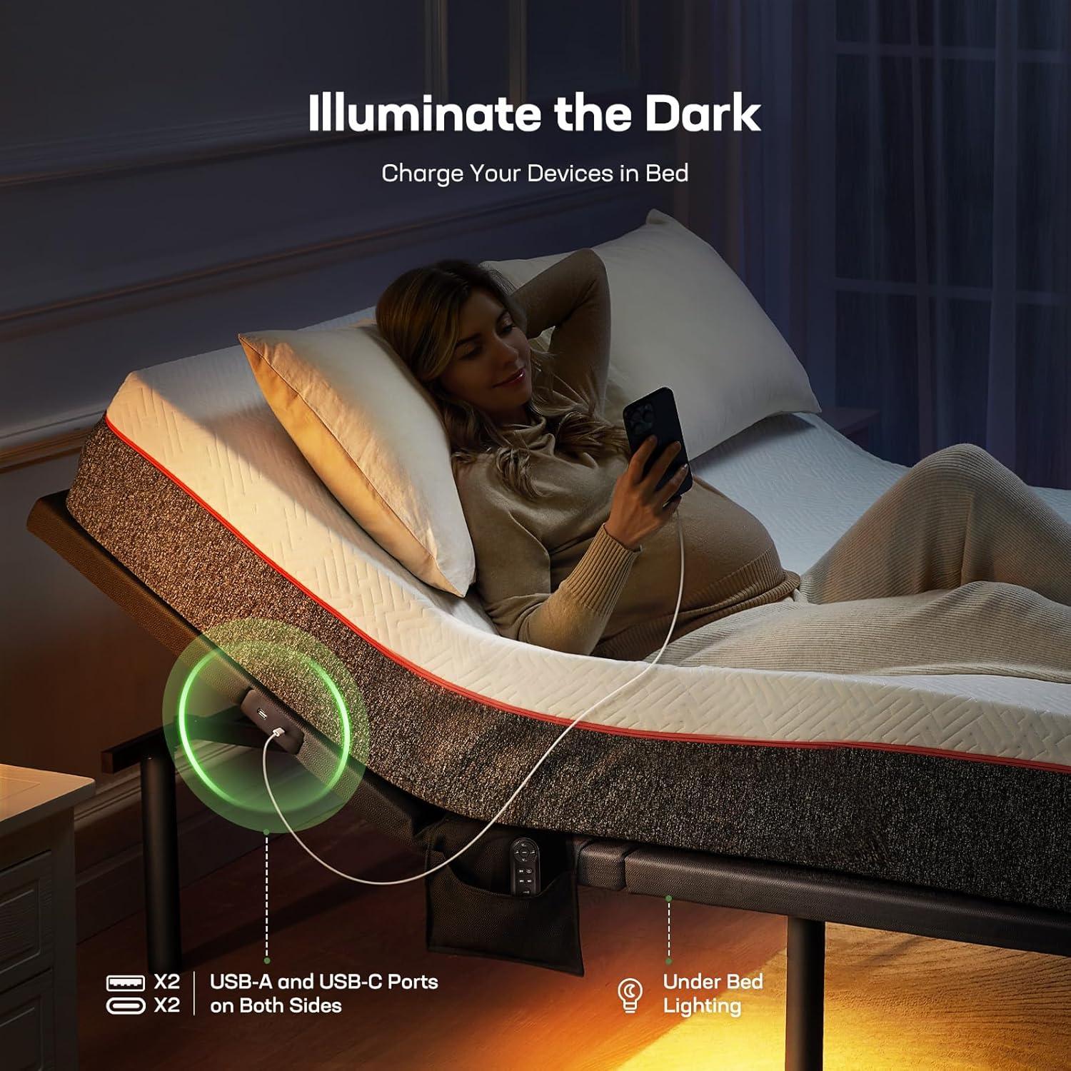 Marsail Twin XL Adjustable Bed Base Frame with 4 Height Options, Independent Head and Foot Incline, 4 USB Ports and 5 Min Assembly for Lounging, Reading, Reduce Snoring and Acid Reflux