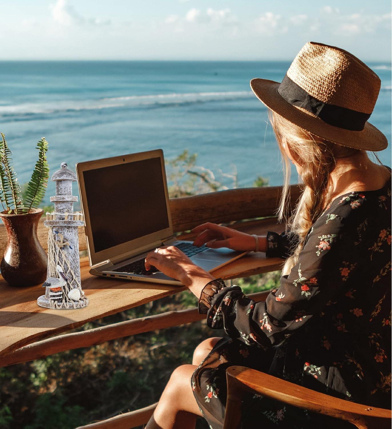 CoTa Global Brown Wooden Lighthouse Decor - Handmade and Crafted Wooden Lighthouse Decoration with Pelican and Fishing Net, Beach Style Tabletop Home Decor - Handmade Color May Vary - 8.75 Inches