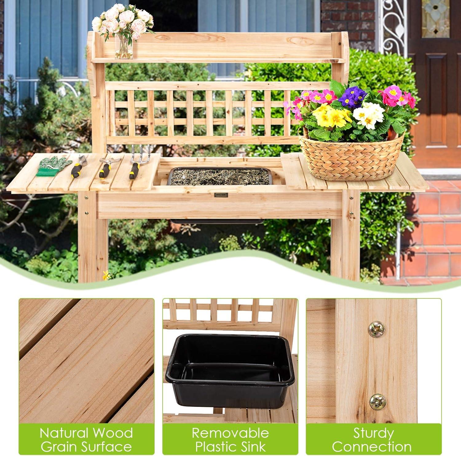 Costway Garden Potting Bench Workstation Table w/Sliding Tabletop Sink Shelves