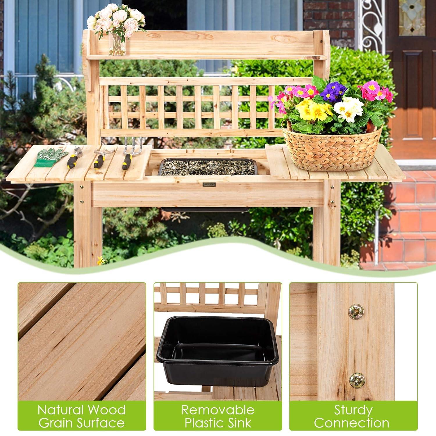 Costway Garden Potting Bench Workstation Table w/Sliding Tabletop Sink Shelves