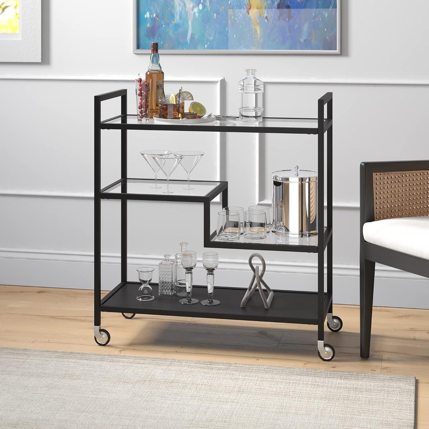 Evelyn&Zoe Lovett 33" Wide Rectangular Bar Cart with Glass and Metal Shelves, Blackened Bronze