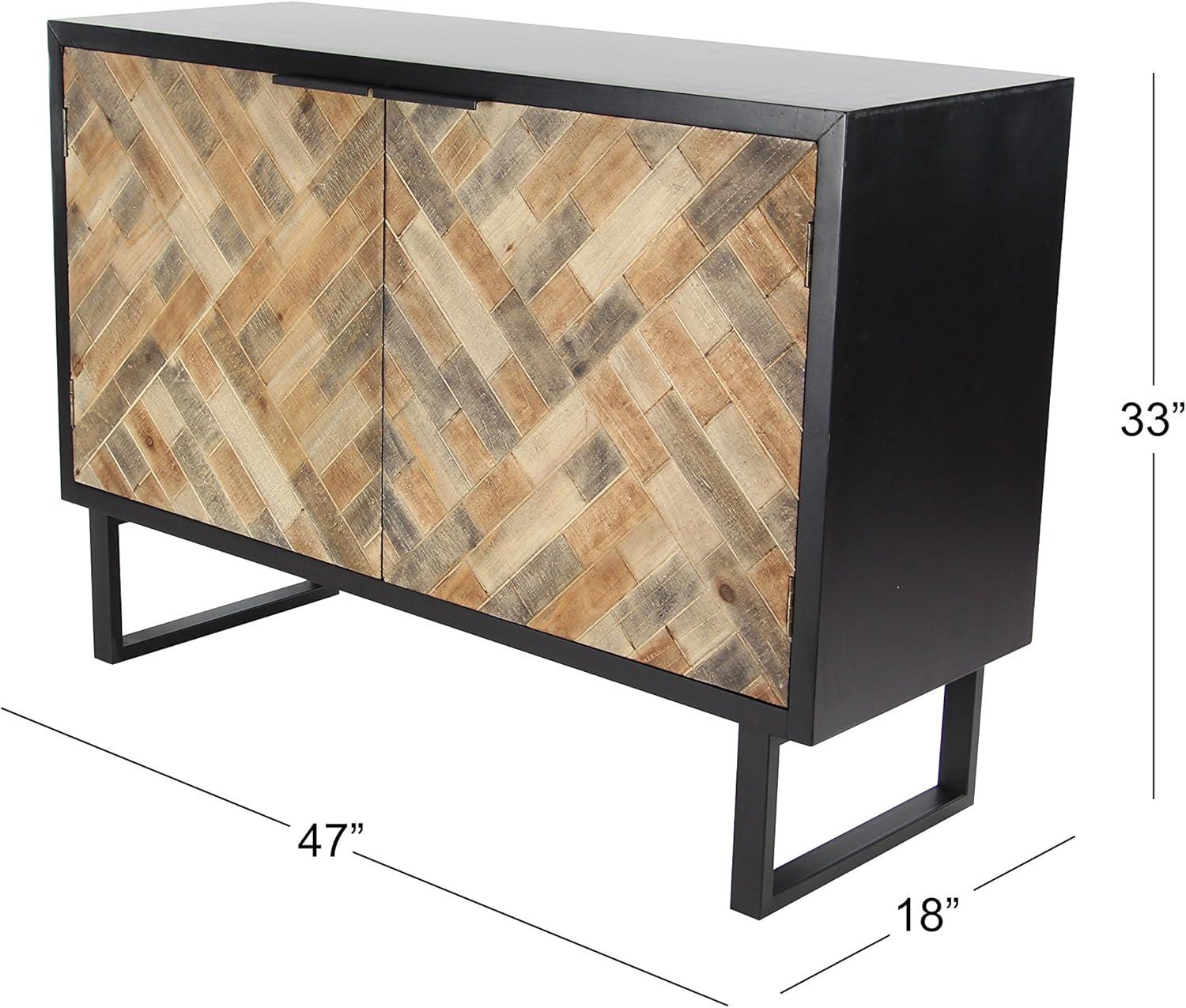 DecMode 47" x 33" Black Wood 1 Shelf and 2 Door Geometric Cabinet with Wood Inlay, 1-Piece