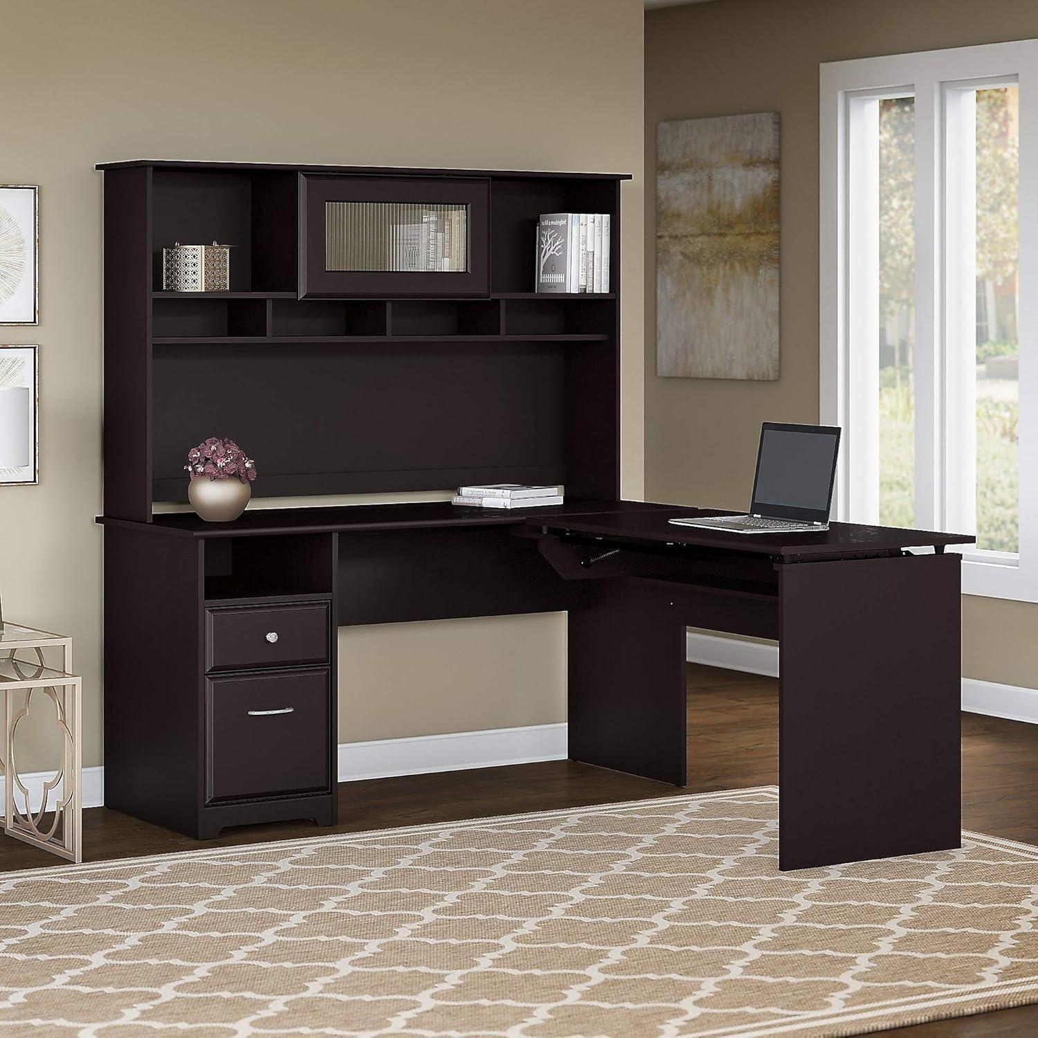 Espresso Oak Adjustable Height L-Shaped Desk with Hutch and Drawers