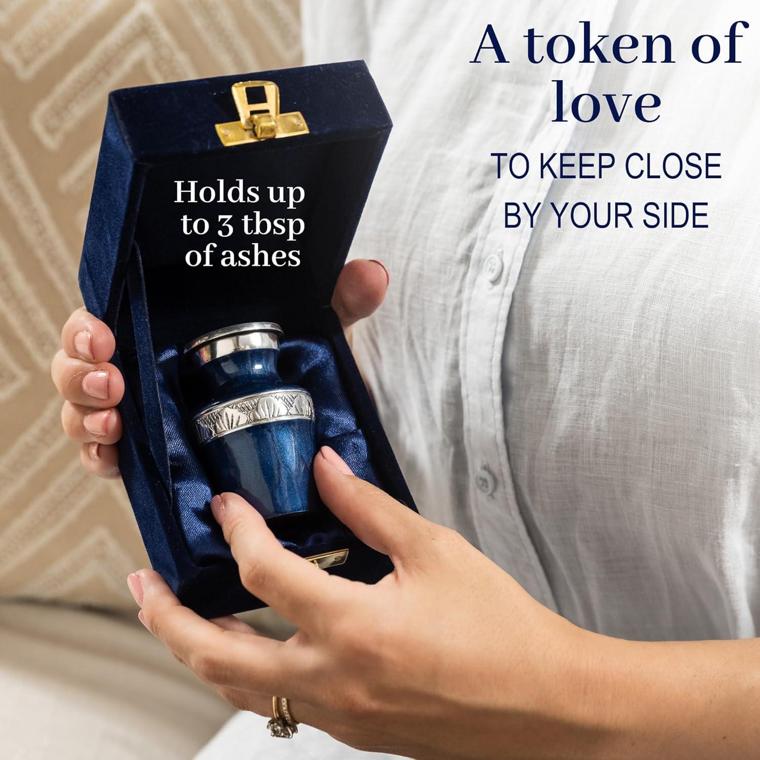 FOVERE – Mini Keepsake Urn for Human Ashes - Small Blue Cremation Urns with Elegant Silver Engraving – Holds a Small Portion of Ashes – 100% Handcrafted Decorative Urns for Human Ashes – Navy Blue