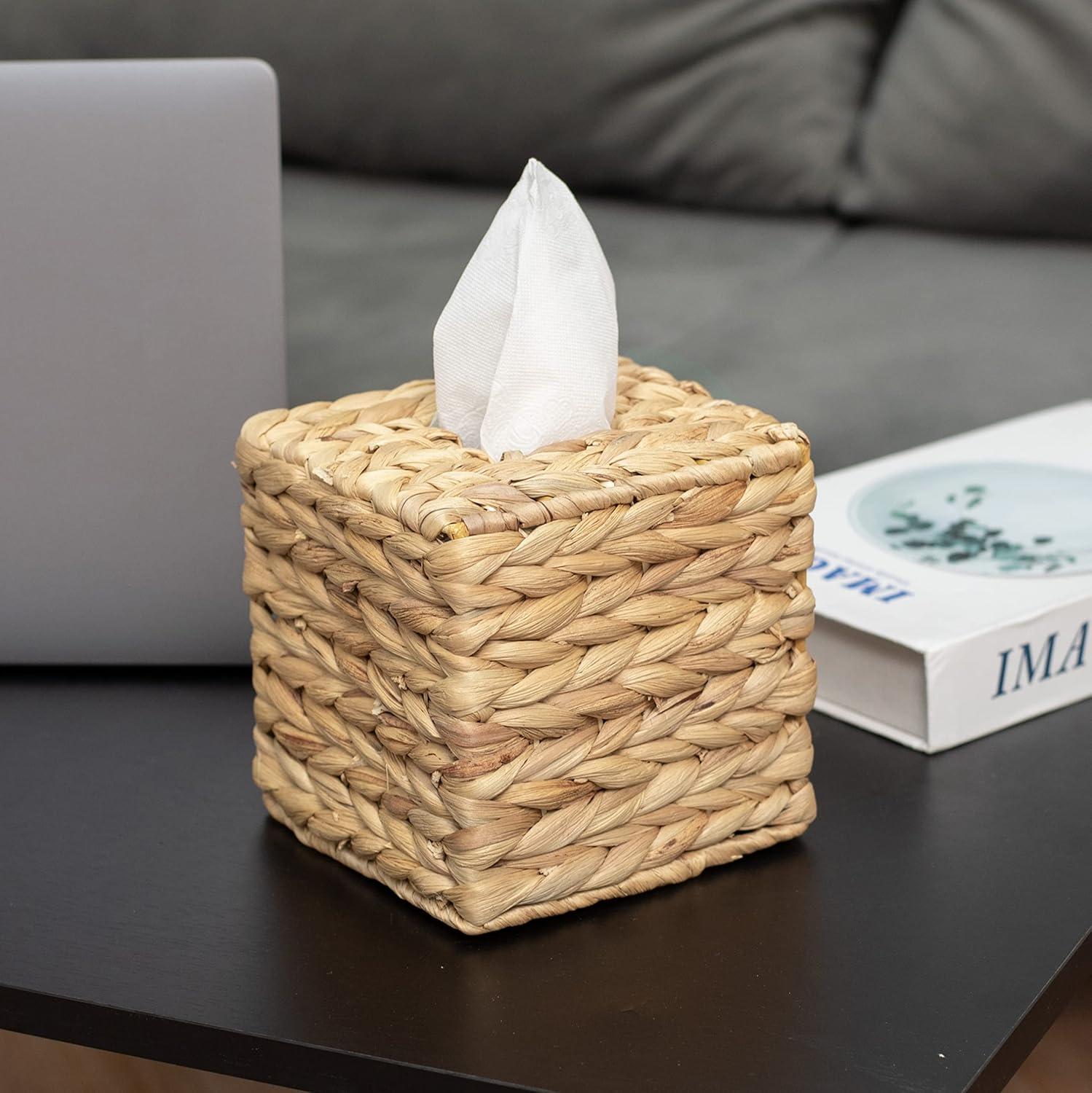 KOLWOVEN Square Tissue Box Cover- 5.7" x 5.7" x 5"- Decorative Woven Facial Tissue Holder with Hinged Top Lid- Facial Box for Home, Office,Bathrooms, Decoration (Square- Set 2)
