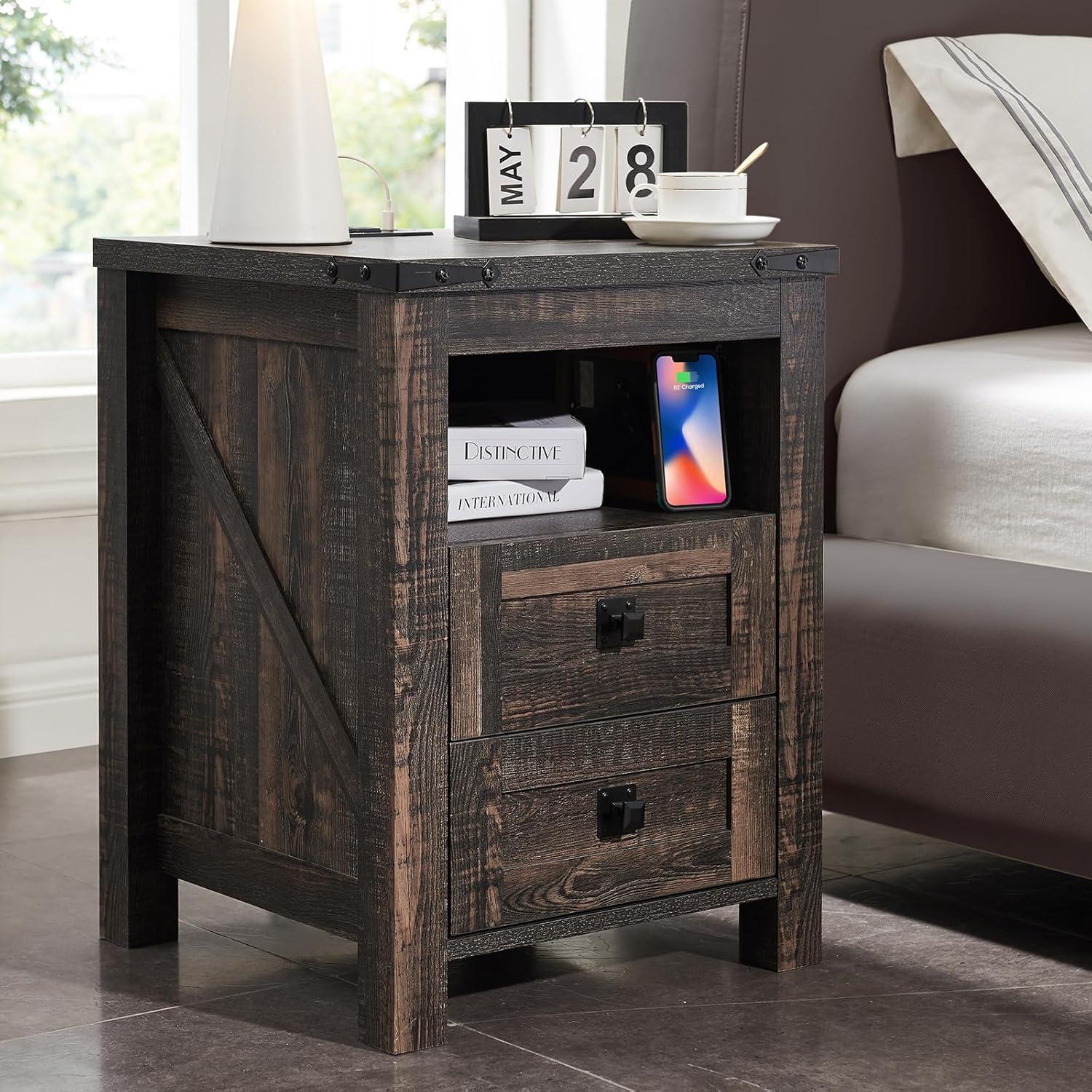 Dark Rustic Oak 2-Drawer Nightstand with USB Charging Station