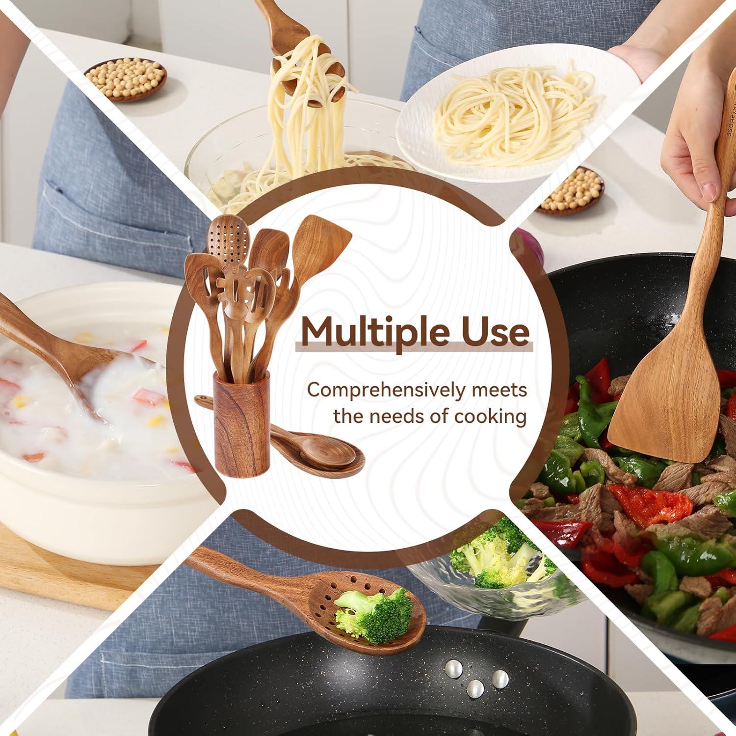 Wooden Spoons for Cooking, 10 Pcs Teak Wood Cooking Utensil Set ‚ Wooden Kitchen Utensils for Nonstick Pans & Cookware ‚ Sturdy, Lightweight & Heat Resistant