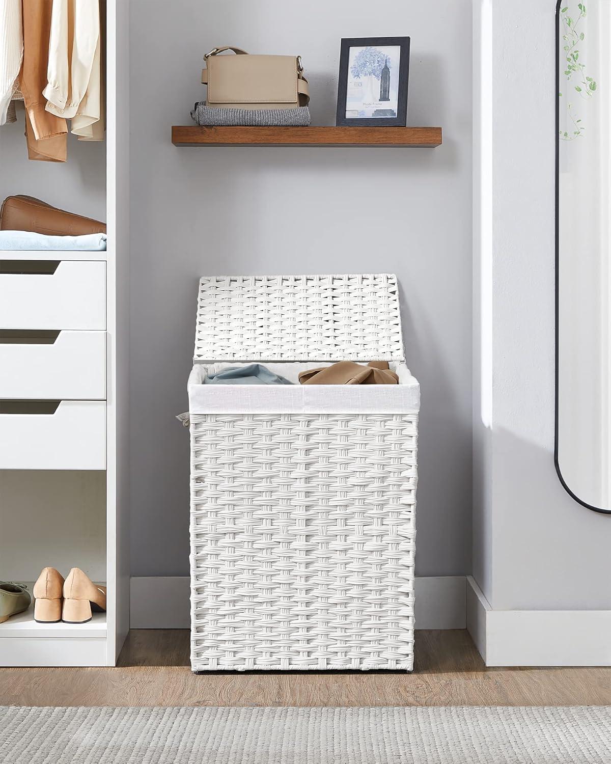 White Wicker Laundry Hamper with Lid and Liners