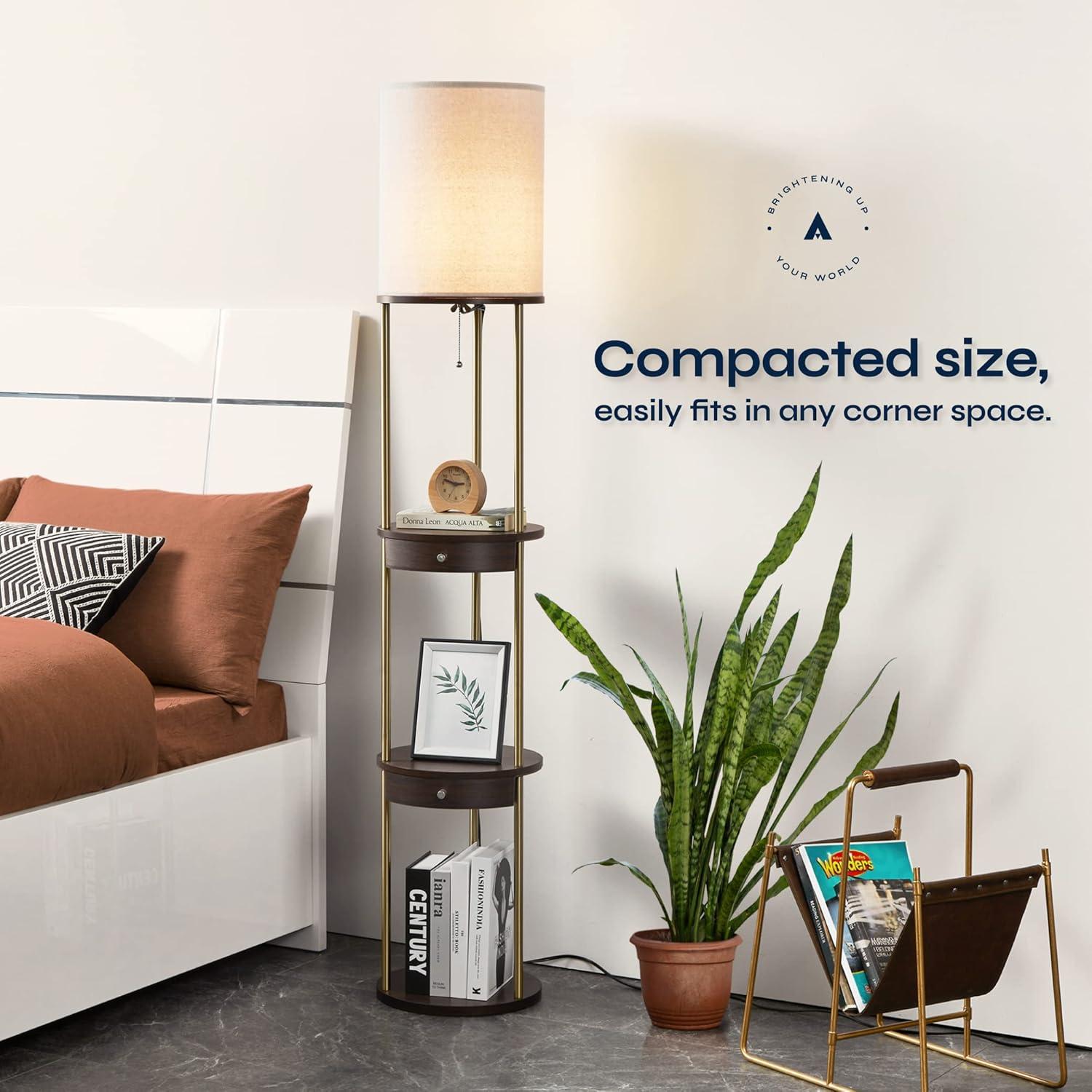 ATAMIN Aria Drawer Edition Floor Lamp with Shelves and Drawer, Modern Floor Lamp for Bedroom and Living Room, 63", Brown