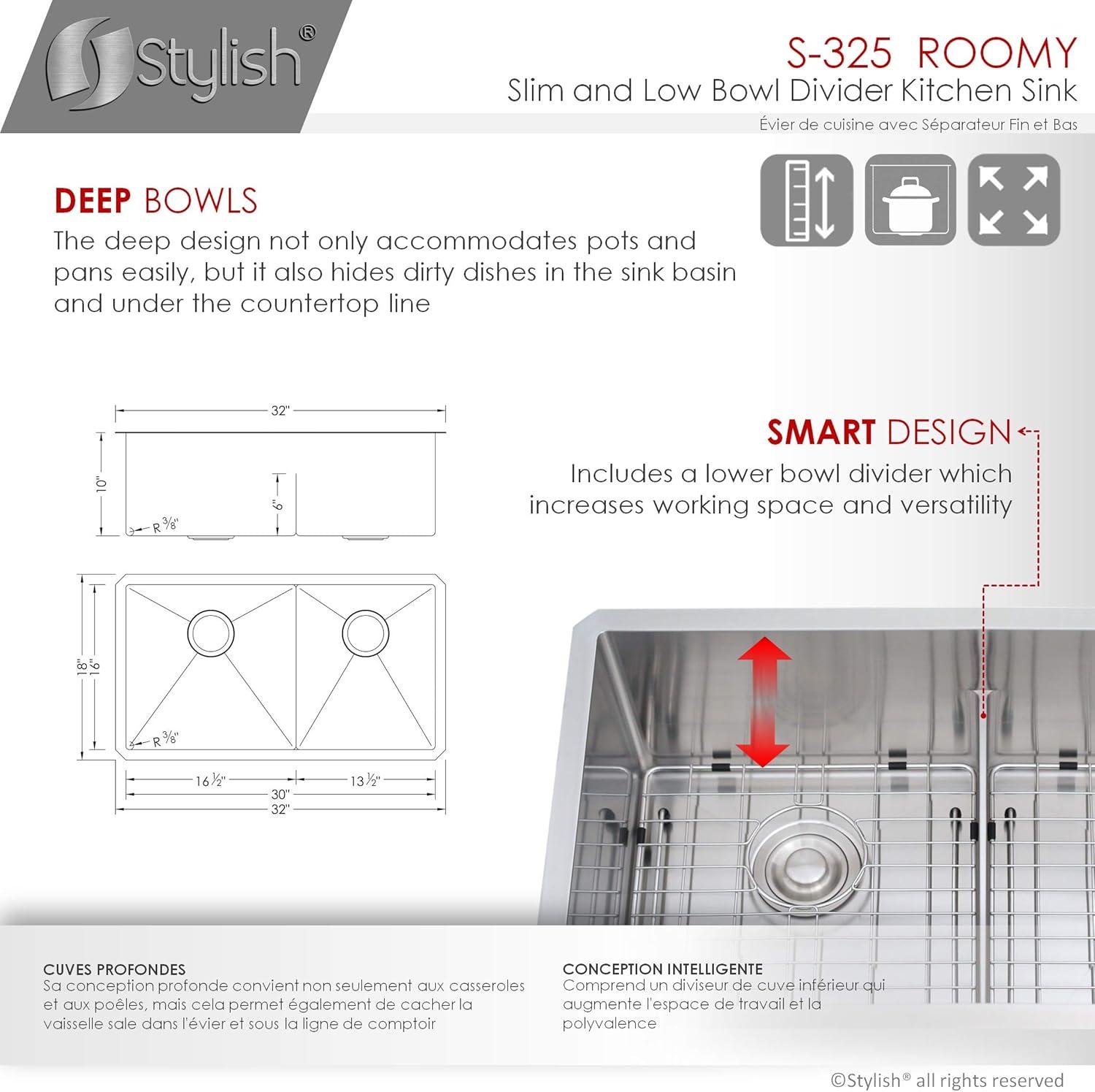 STYLISH 32 inch Low Divider 60/40 Double Bowl Undermount Kitchen Sink