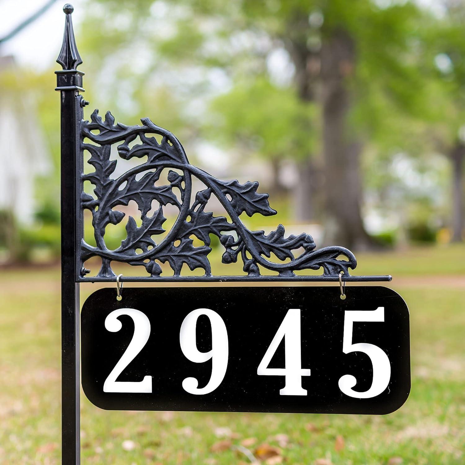 Reflective Black Metal Address Plaque with Oak Leaf Design