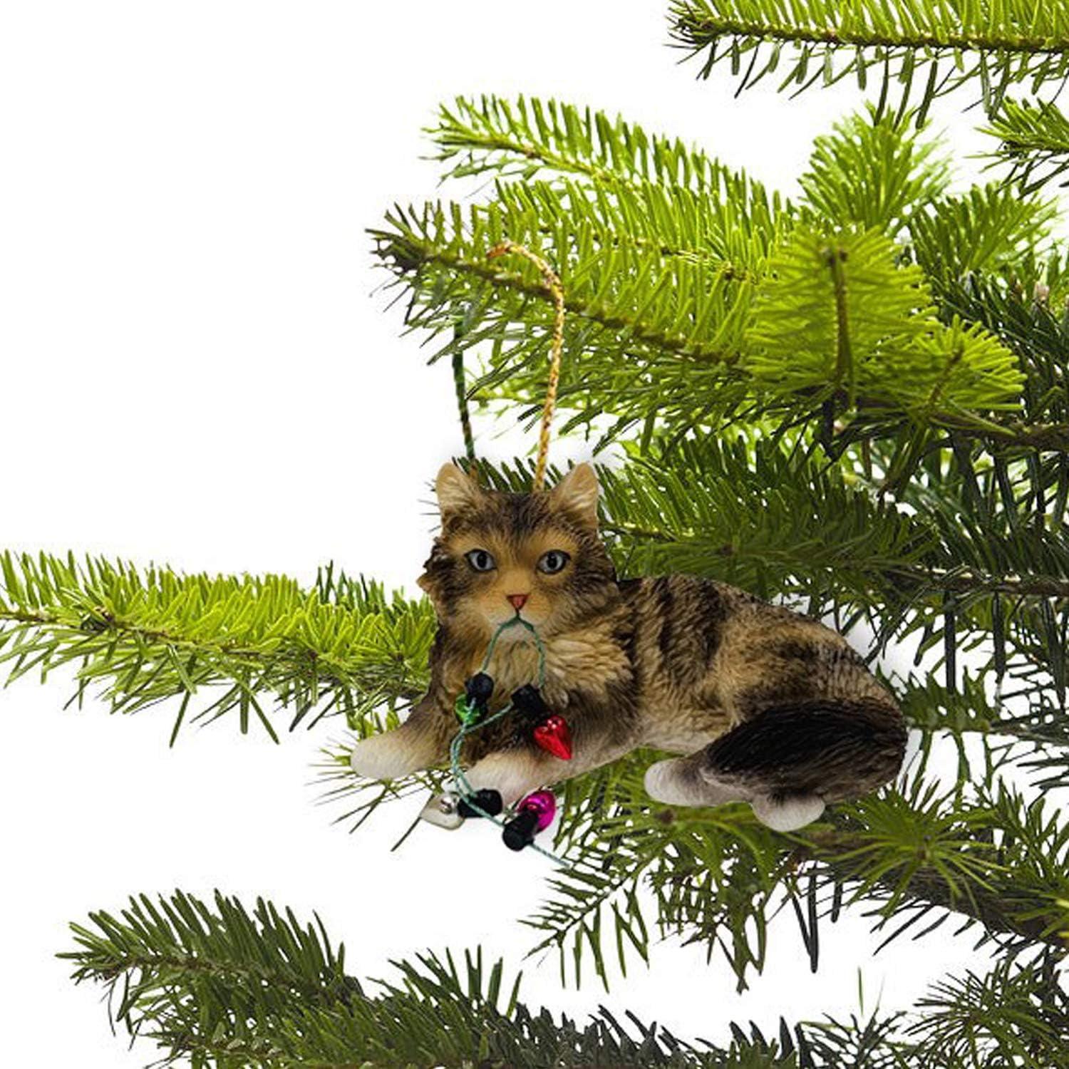 Hand-Painted Brown Tabby Cat Christmas Ornament with Lights