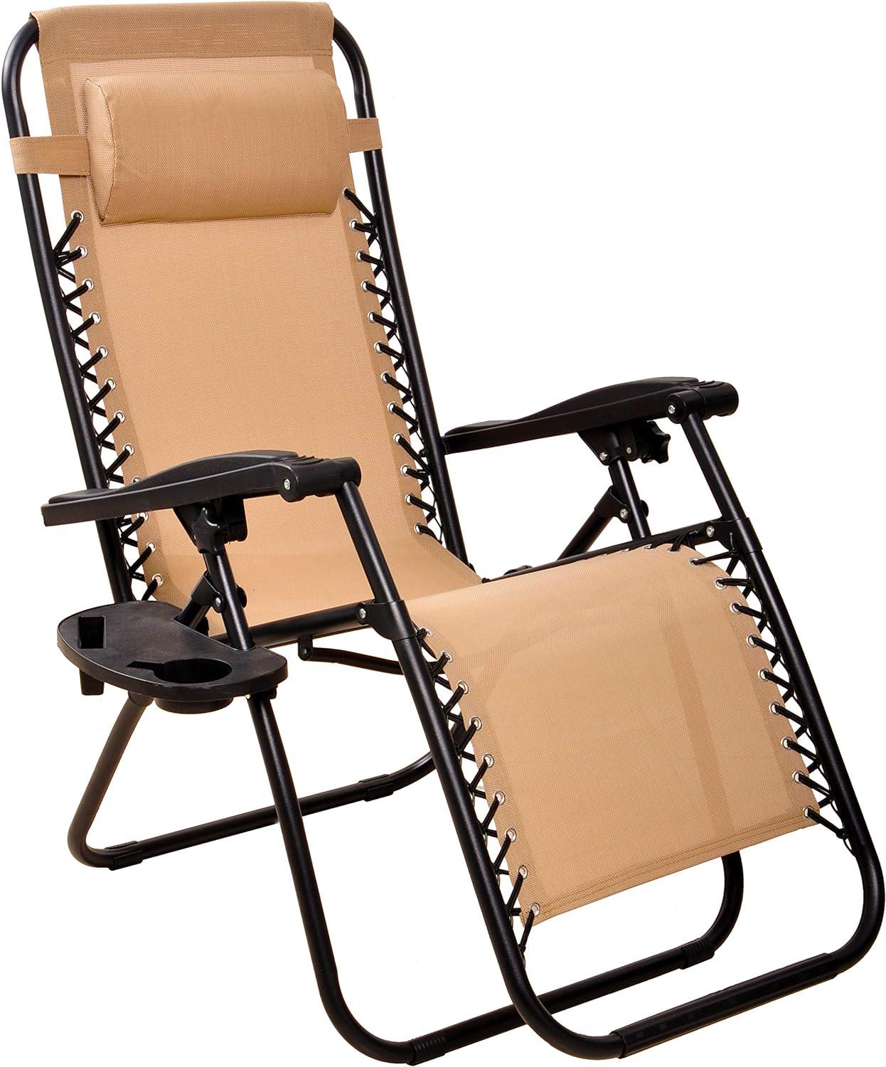 Elevon Adjustable Outdoor Zero Gravity Recliner Lounge Chair w/ Detachable Cup Holder for Deck, Beach, or Bonfire, Weight 300Lbs Max, Beige, Set of 2