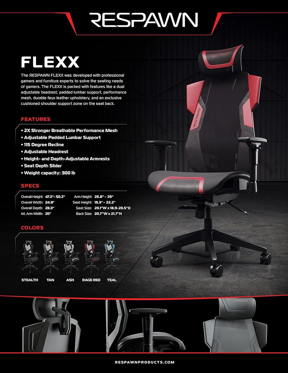Respawn RESPAWN FLEXX Mesh Gaming Chair With Lumbar Support, Ergonomic Gaming Chair with Recline/Tilt Tension Controls, Adjustable Arms, 300lb Max Weight With Wheels for Computer/Desk/Office