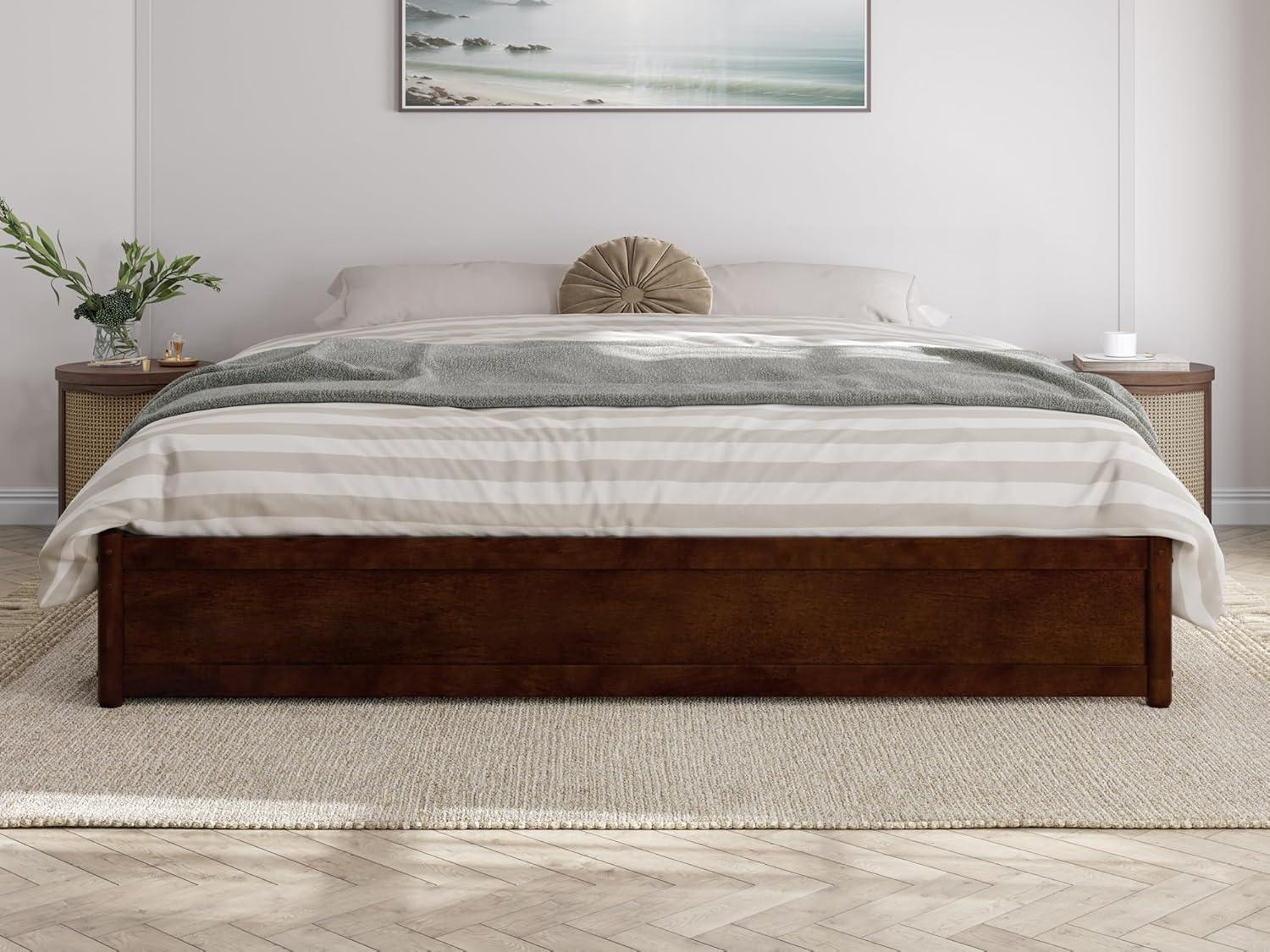 Barcelona King Solid Wood Panel Platform Bed with Storage Drawers in Walnut