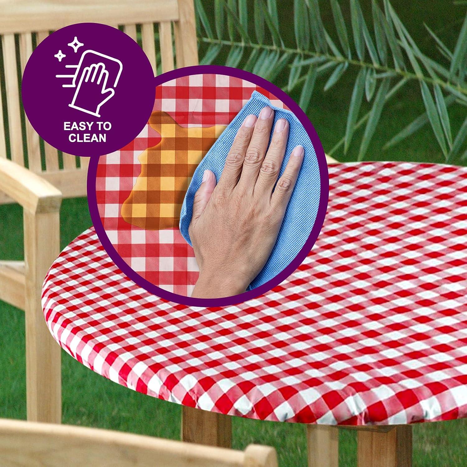 Round Tablecloth -Fitted with Elastic, Vinyl with Flannel Back, 36” Red Checked Design,- By Sorfey