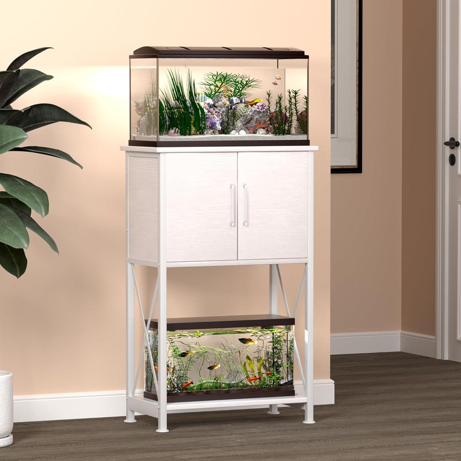 Gallon Fish Tank Stand, Metal Double Aquarium Stand With Cabinet For Fish Tank Accessories Storage,White