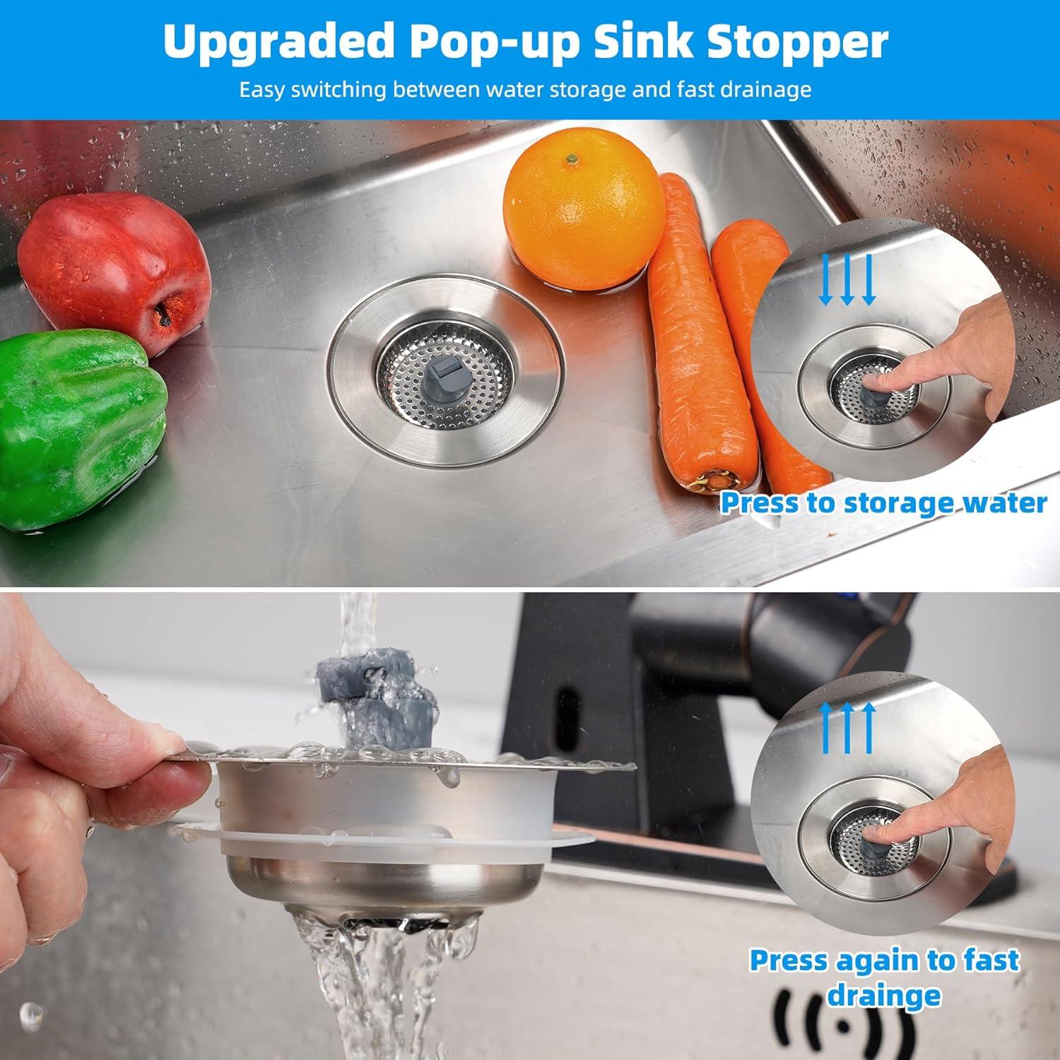 Hibbent 3-in-1 Kitchen Sink Drain Strainer  Stopper , Stainless Steel Pop-Up Design, Anti-Clogging Metal Basket with Handle, Compatible with US Standard 3-1/2" Drain
