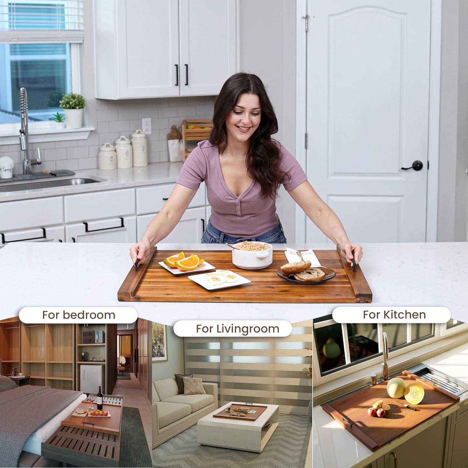 Acacia Wood Stove Top Cover with Metal Handles