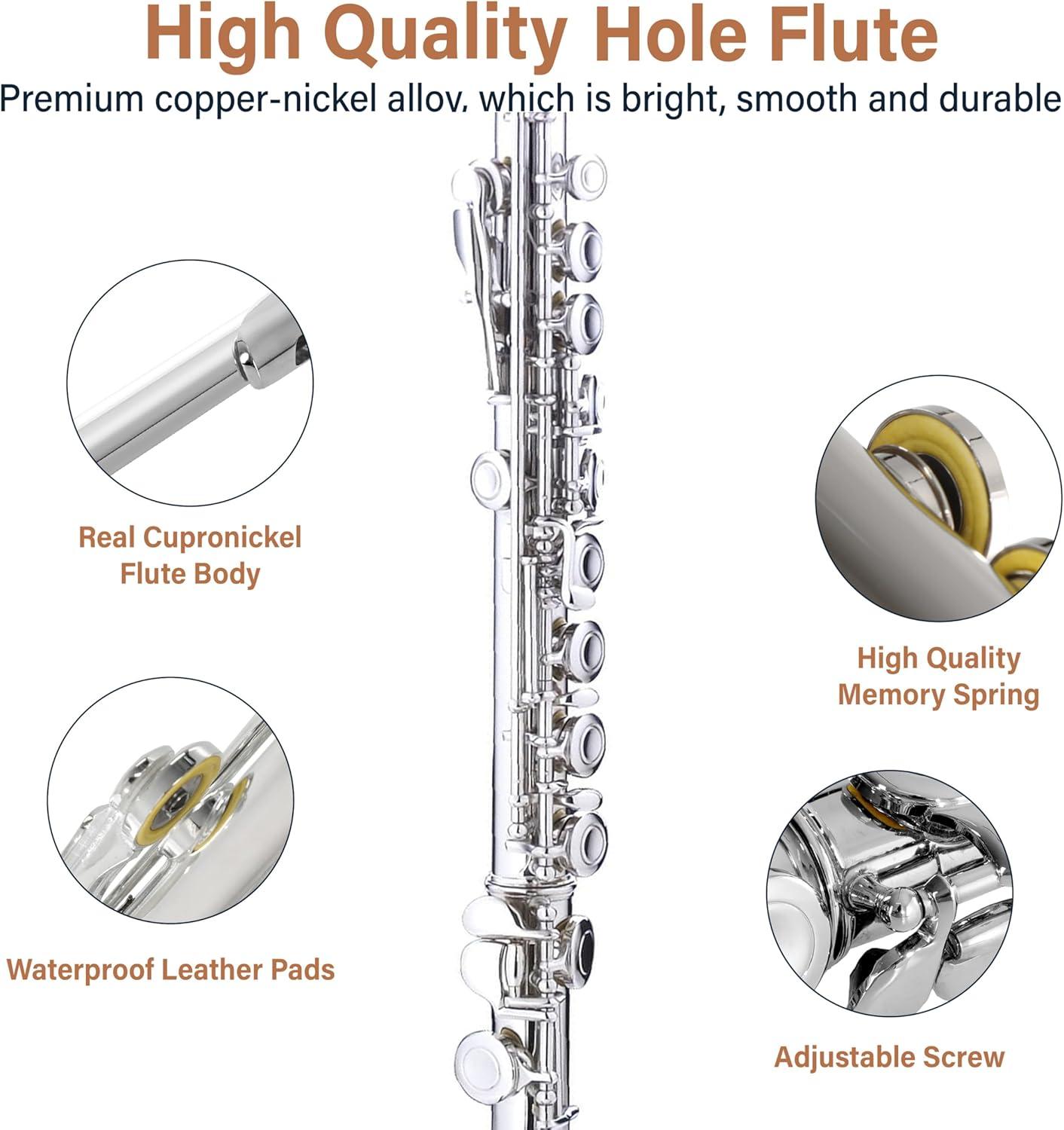 Mendini By Cecilio Flute, 16 Keys C Flute Instrument Closed Hole For Beginners with Carrying Case, Cork Grease, Stand, Lesson Book, Cleaning Kit, Gloves (Black)