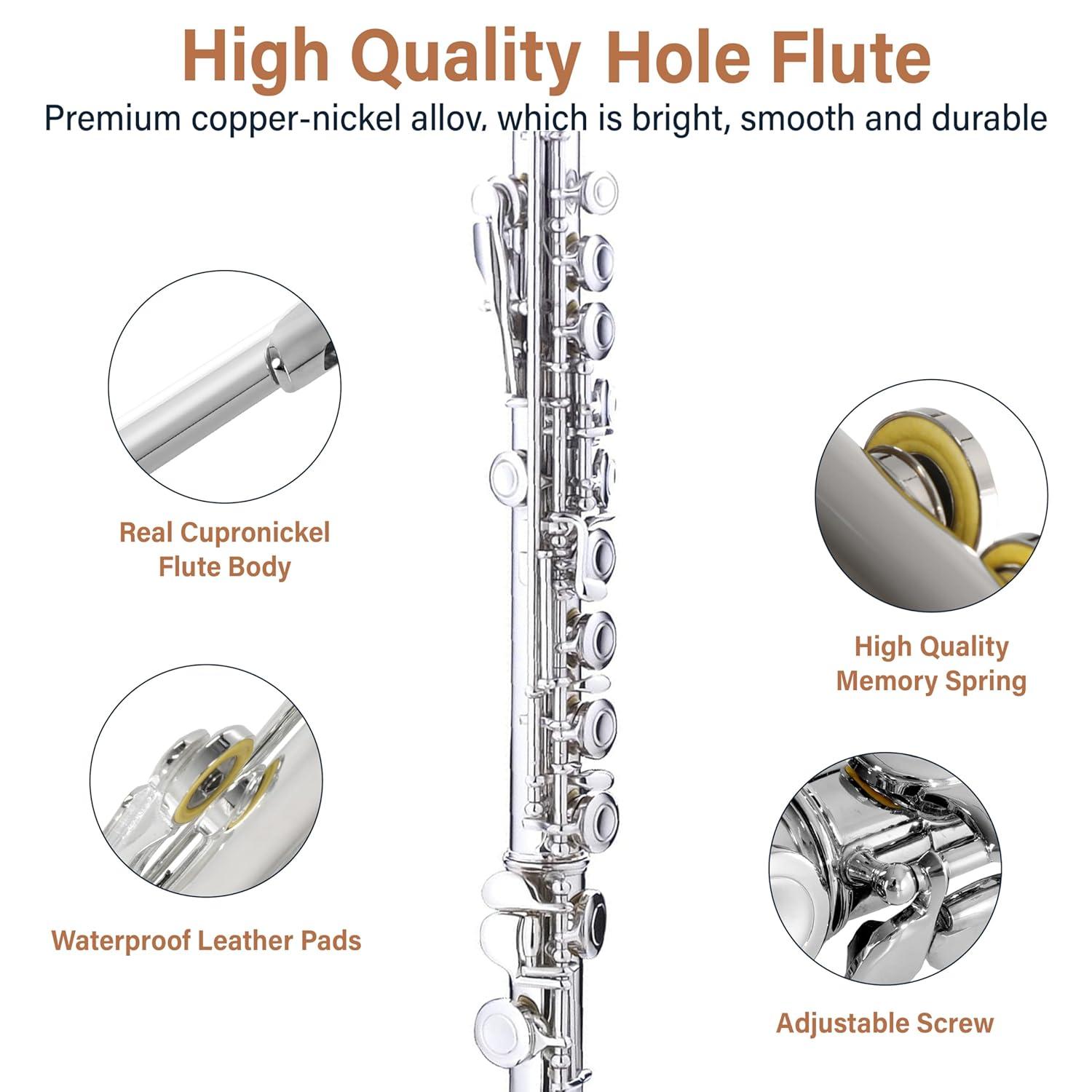 Mendini By Cecilio Flute, 16 Keys C Flute Instrument Closed Hole For Beginners with Carrying Case, Cork Grease, Stand, Lesson Book, Cleaning Kit, Gloves (Black)