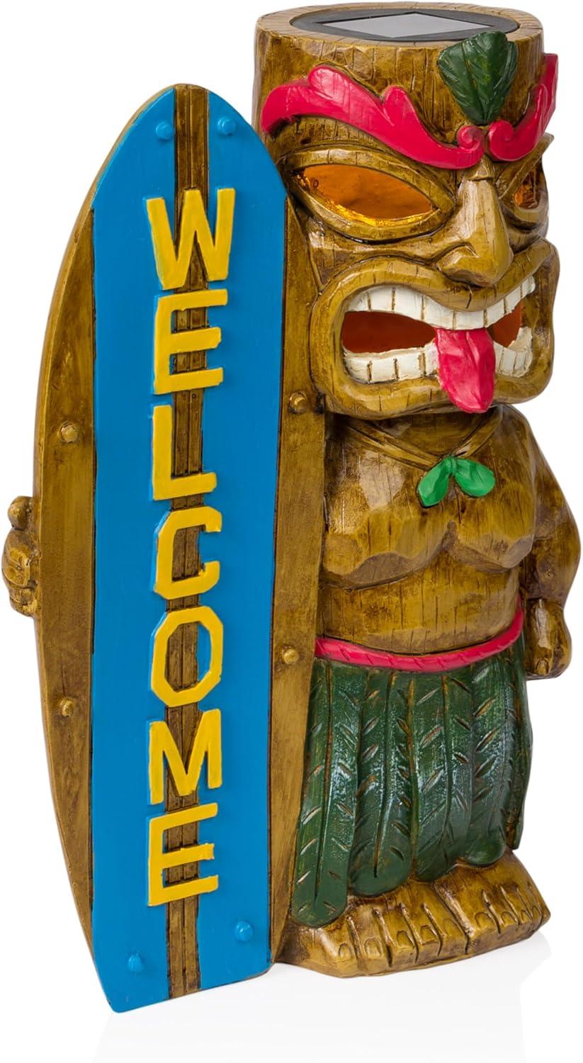 Alpine Corporation Solar Tiki with Welcome Surf Board Statuary and LED Lights