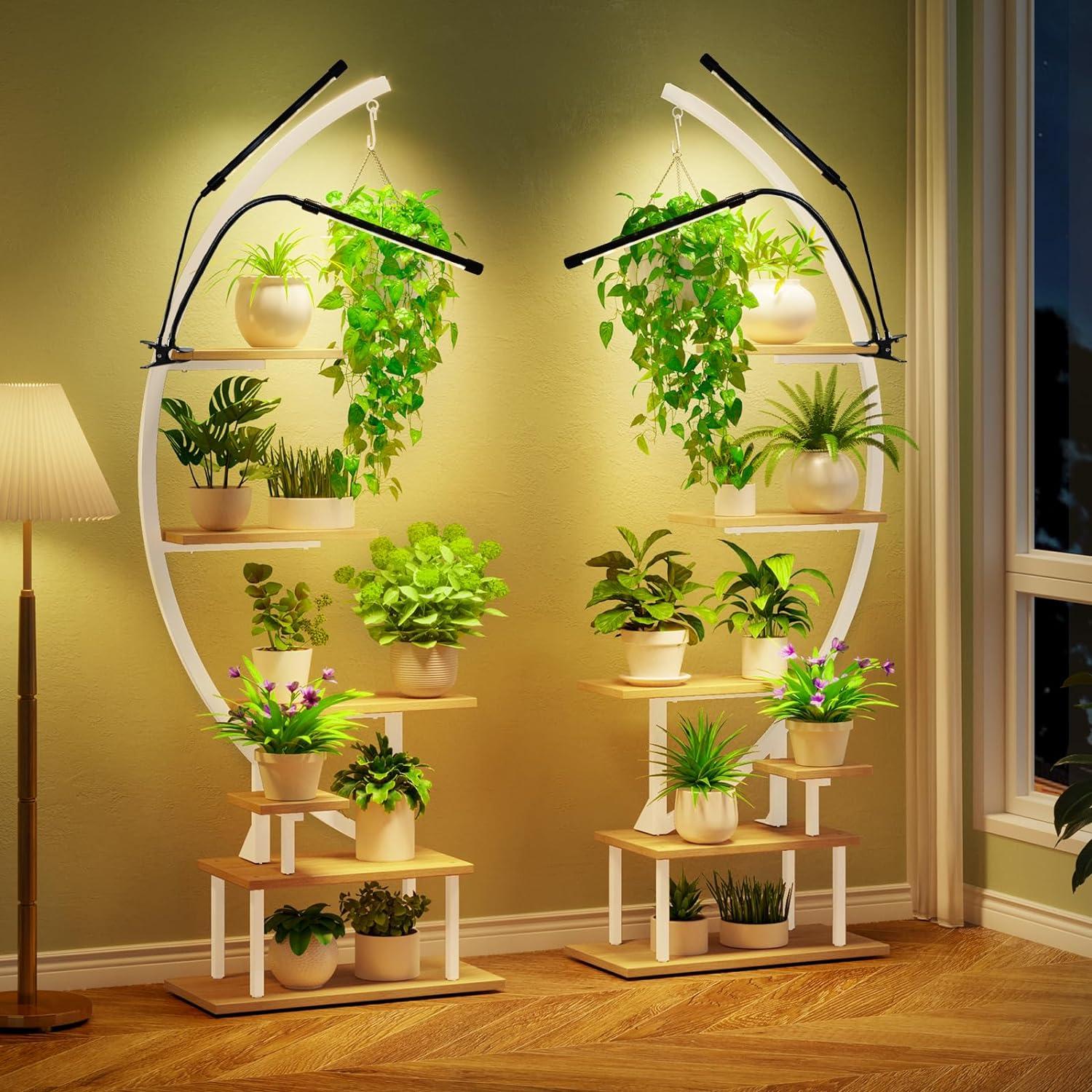 White Half Moon 7-Tier Metal Plant Stand with Grow Lights