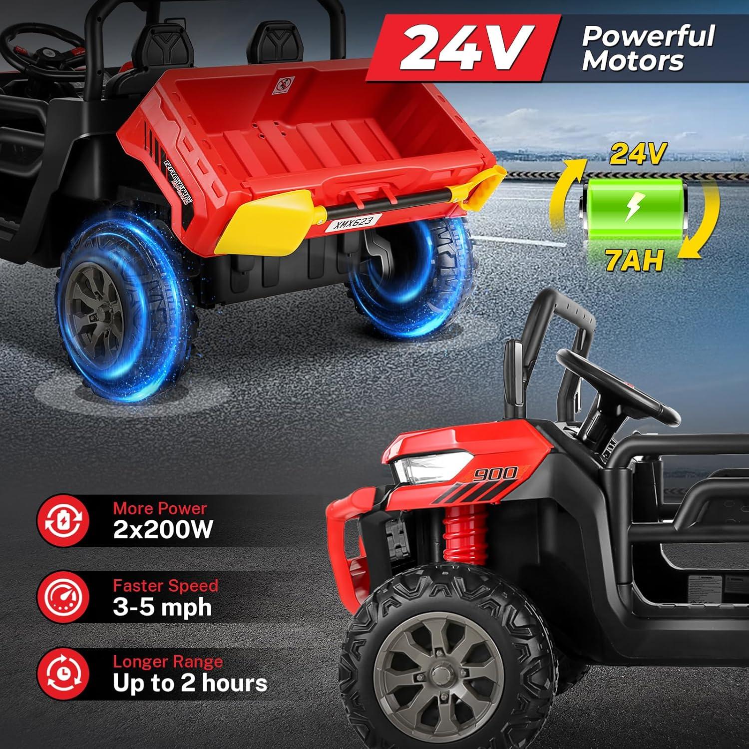 Funride 4WD 24 Volt Ride on Toys with Remote Control, 2 Seater Power Car Wheels UTV Toys, Ride on Truck Car w/ Electric Dump Bed, Shovel, Bluetooth Music
