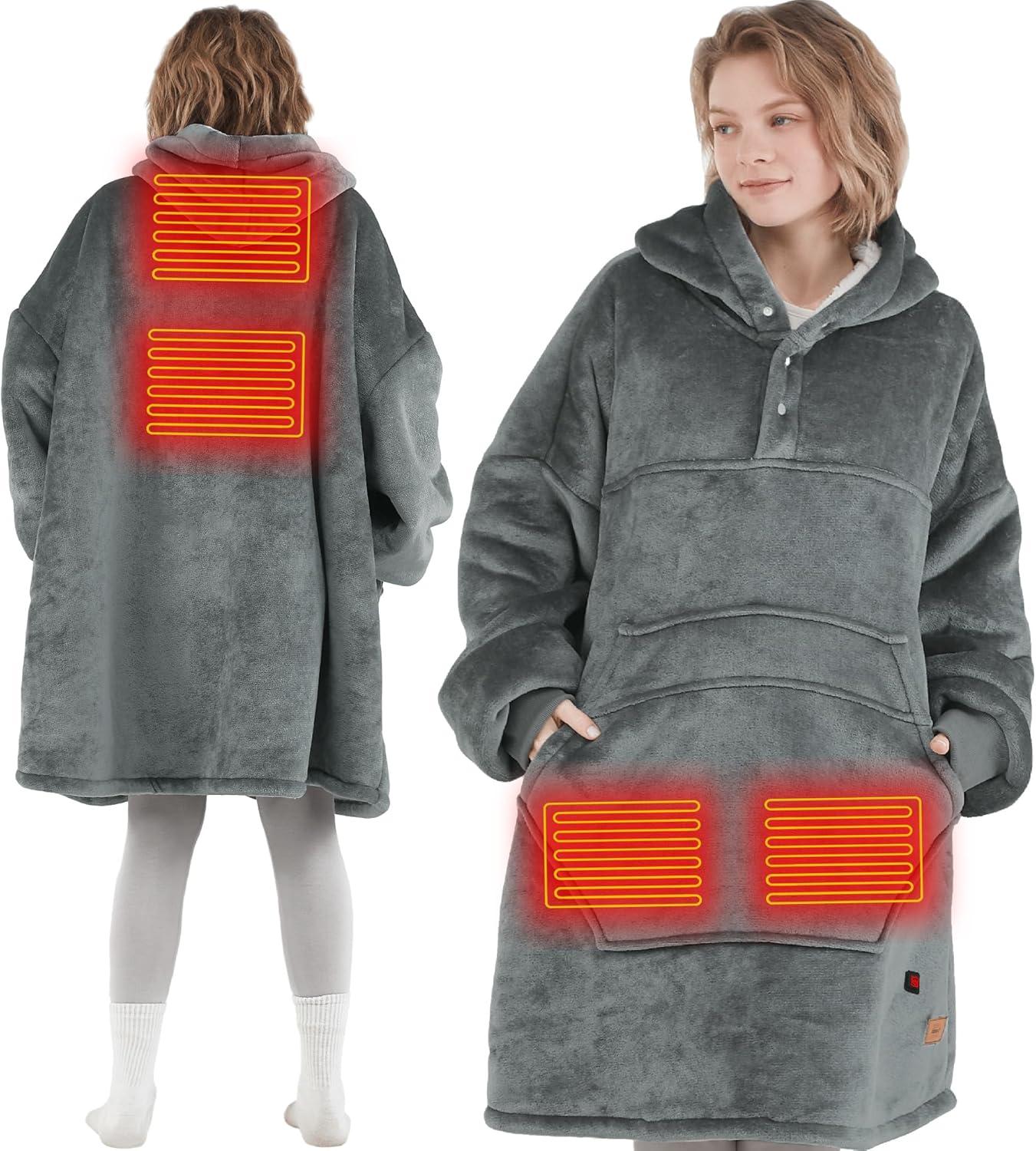 Gray Fleece Sherpa Hooded Heated Wearable Blanket