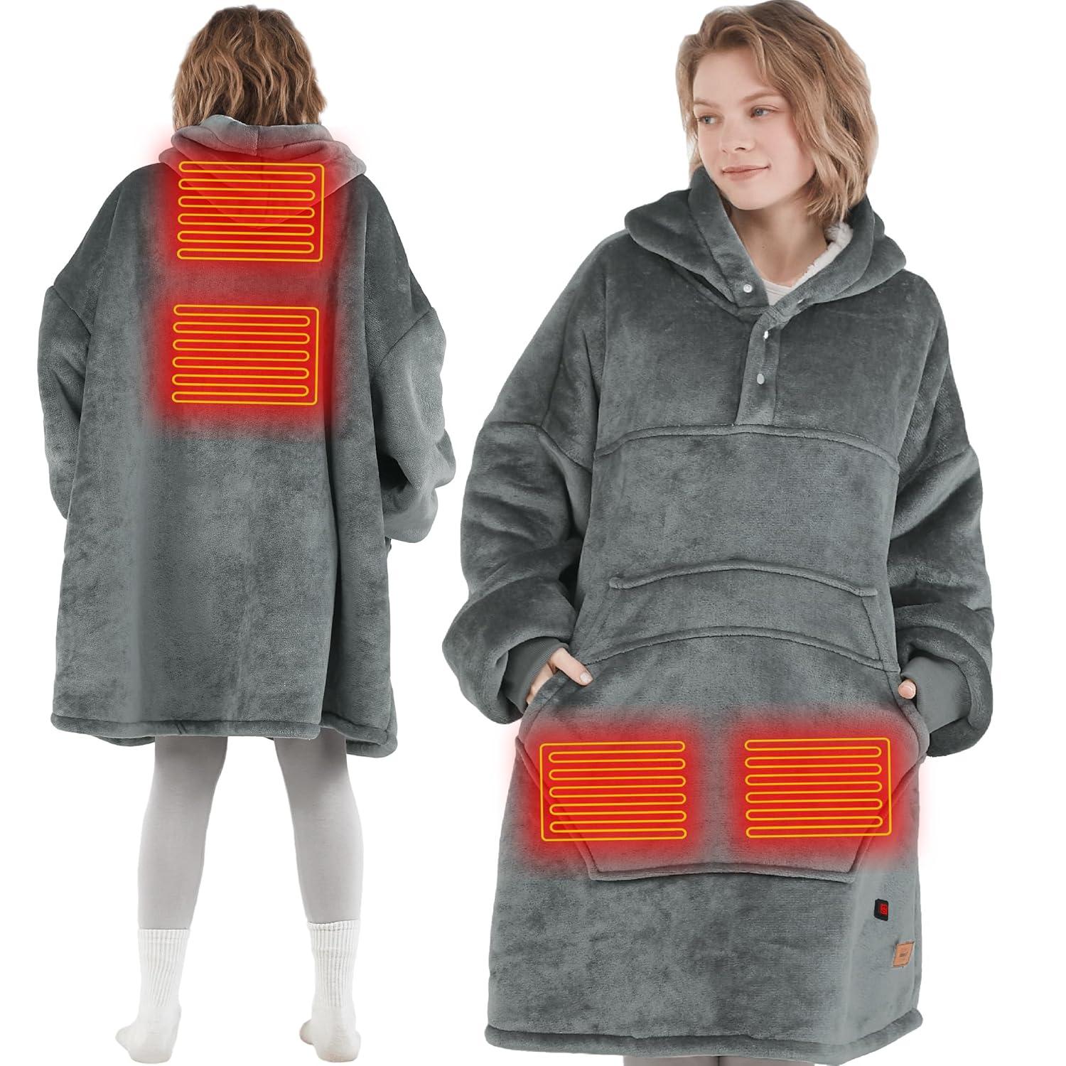 Gray Fleece Sherpa Hooded Heated Wearable Blanket