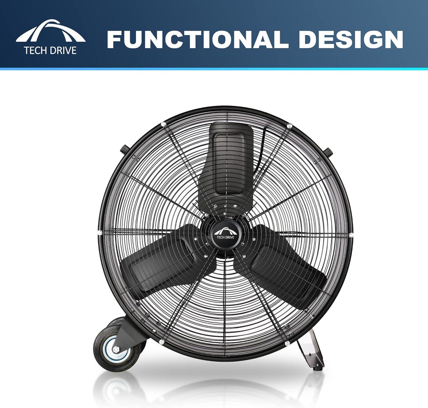 Tech Drive Heavy Duty Metal Industrial Drum Fan, 24 inch High Velocity Shop Fan, 2 Speed Large Floor Fan for Warehouse, Workshop, Factory, Garage, All Metal, Black