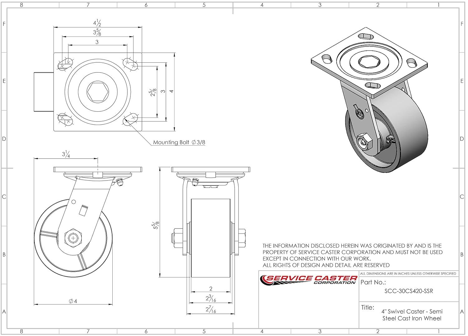 Service Caster Semi Steel Wheel Swivel Caster with Roller Bearing
