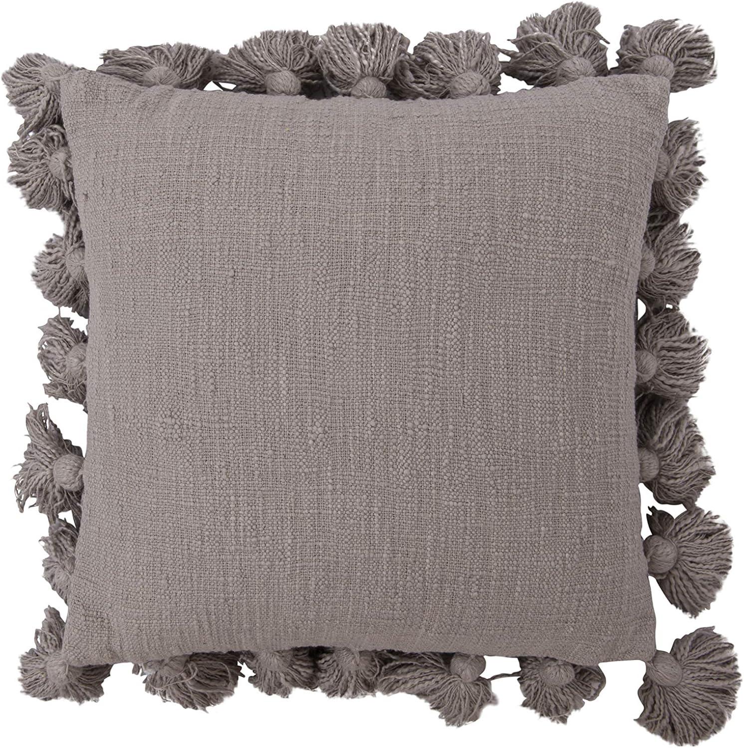 Gray Square Cotton Slub Pillow with Tassels