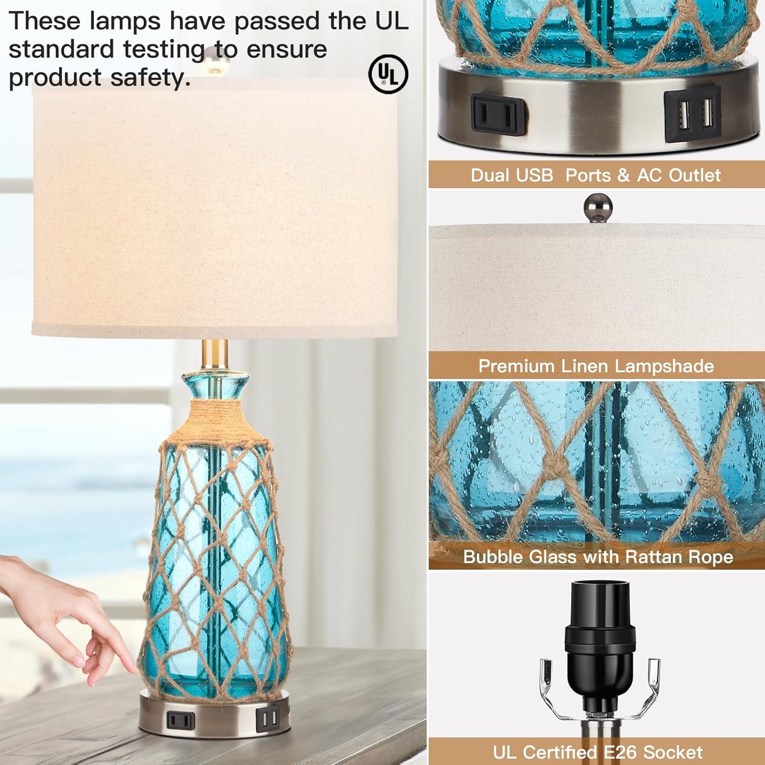 25.5" Coastal Glass Table Lamps Set Of 2, 3-Way Dimmable Touch Control Bedside Lamps With 2 USB Ports And AC Outlet, Clear Nautical Nightstand Lamp For Bedroom Living Room (LED Bulbs Included)