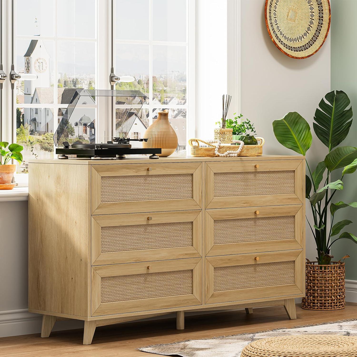 Natural Rattan and Wood Double Dresser with Six Drawers