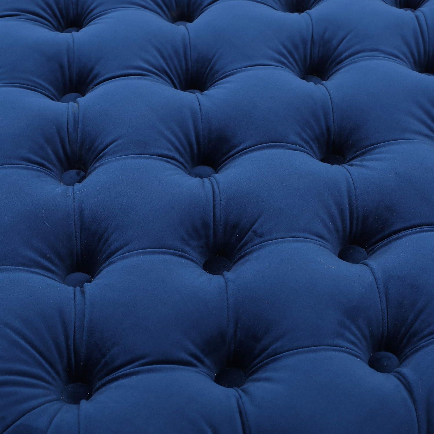 Thaurin Modern Glam Button Tufted Velvet Ottoman, Navy Blue and Dark Brown