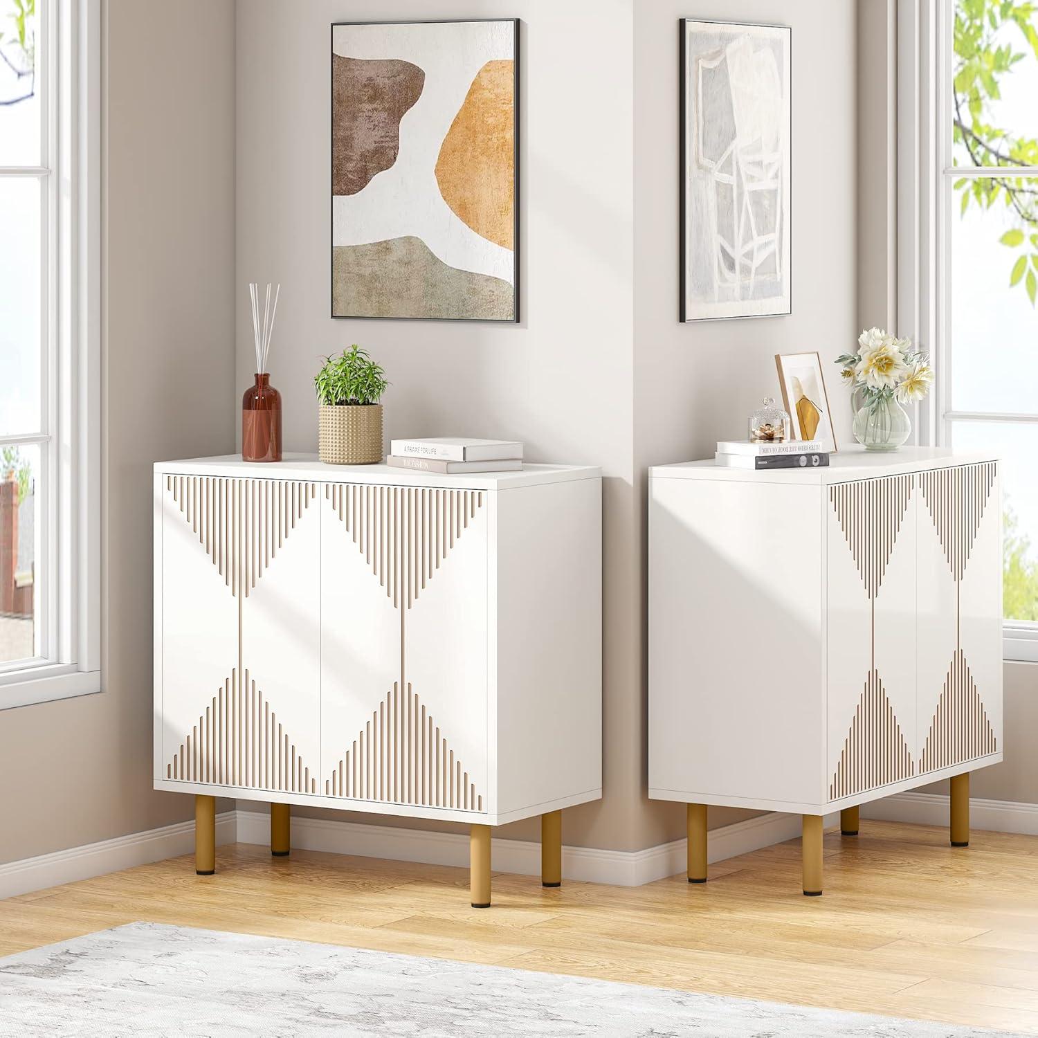 Modern White and Gold 59" Wood Storage Cabinet with Carved Doors