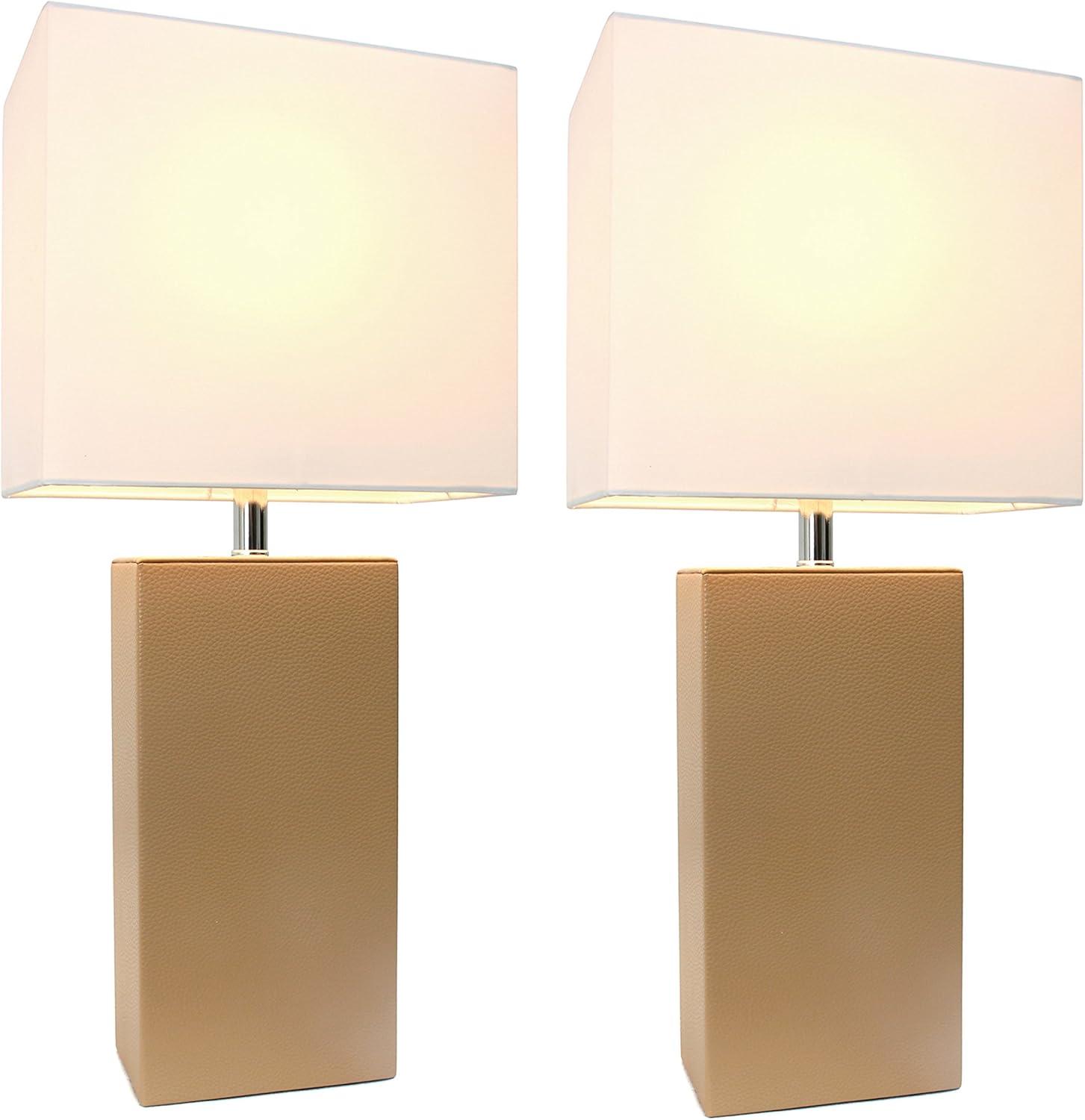 Elegant Designs 2 Pack Modern Leather Table Lamps with White Fabric Shades, Beige