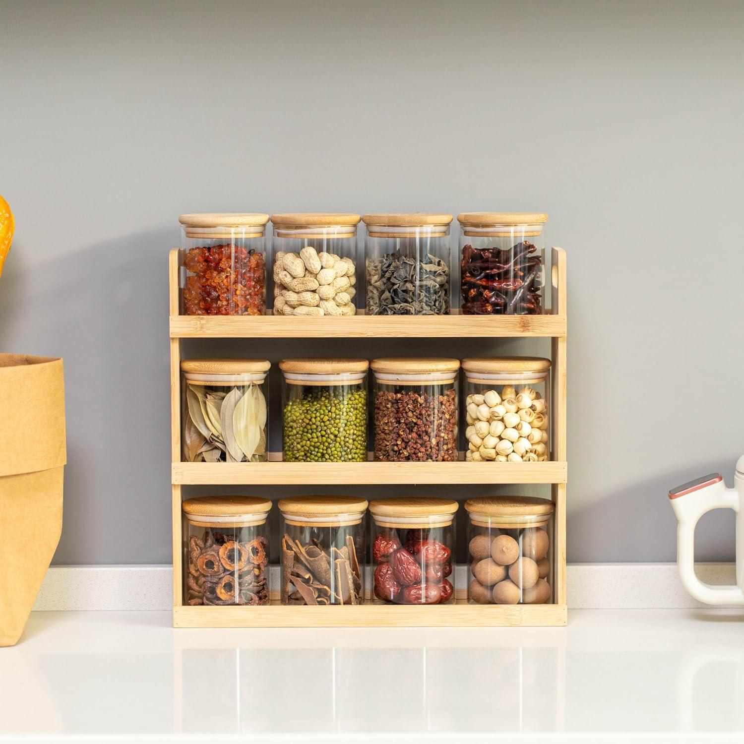 Basicwise 3-Tier Bamboo Spice Rack & Pantry Organizer with 12 Glass Jars.Perfect for Storage in Kitchens to Keep Seasoning Containers Neatly Displayed