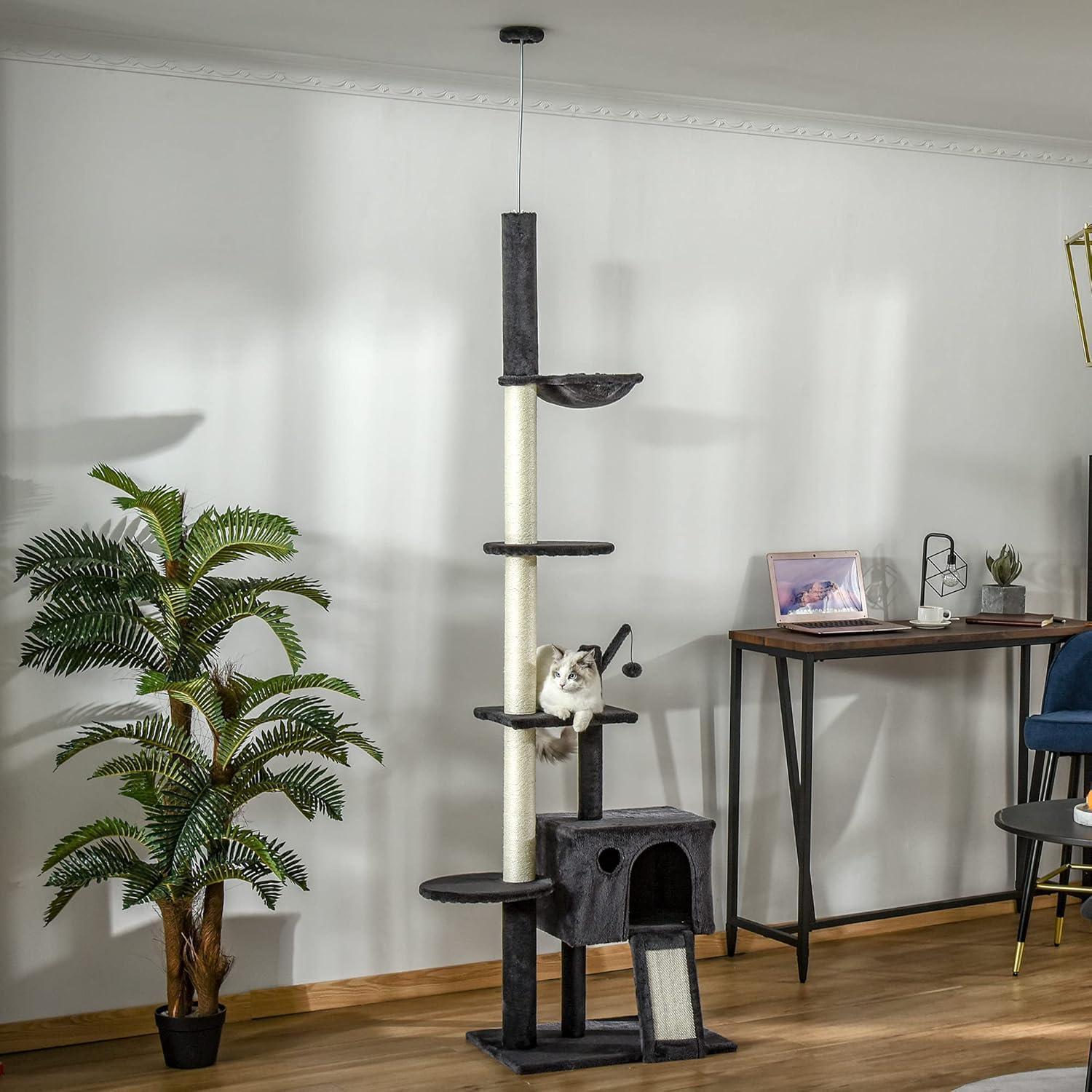 Dark Gray Sisal Floor-to-Ceiling Cat Tree with Hammock and Toys