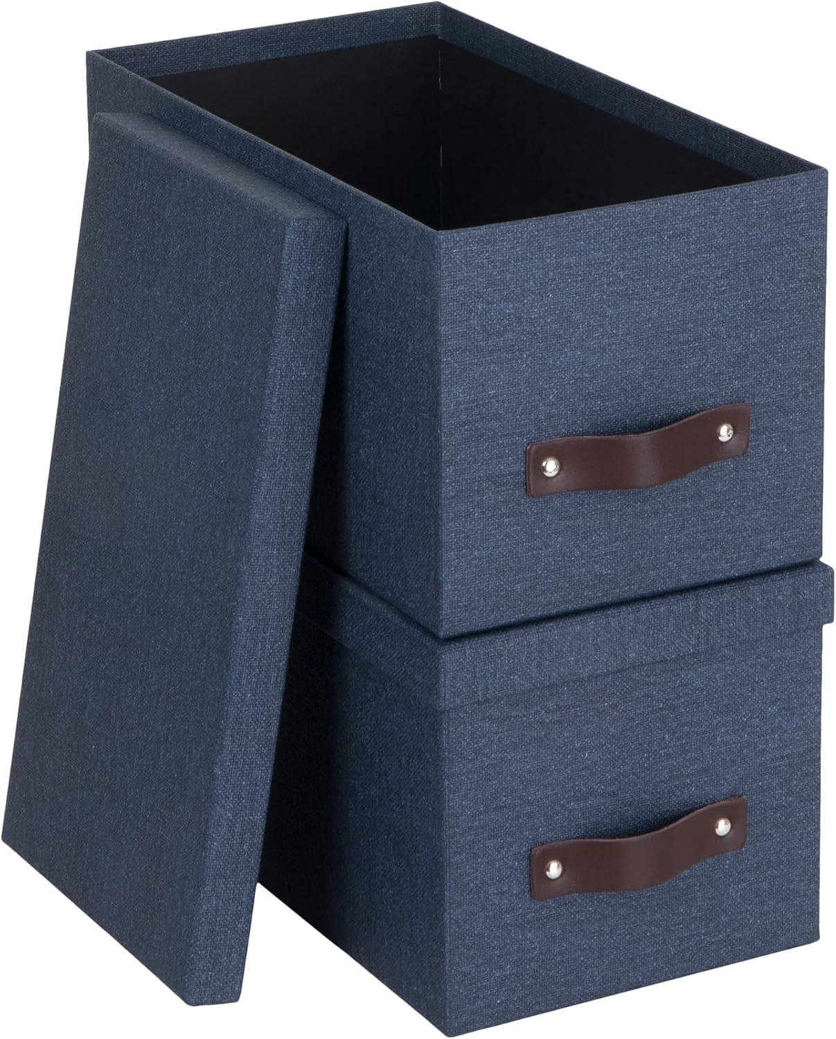 Bigso Box of Sweden Silvia Organizational Storage Box with Leather Handle for Shelves and Stacks Easily - Durable and Decorative Storage Boxes with Lids - 5.9 in x 6.5 in x 11.6 in - 2 Pack - Blue
