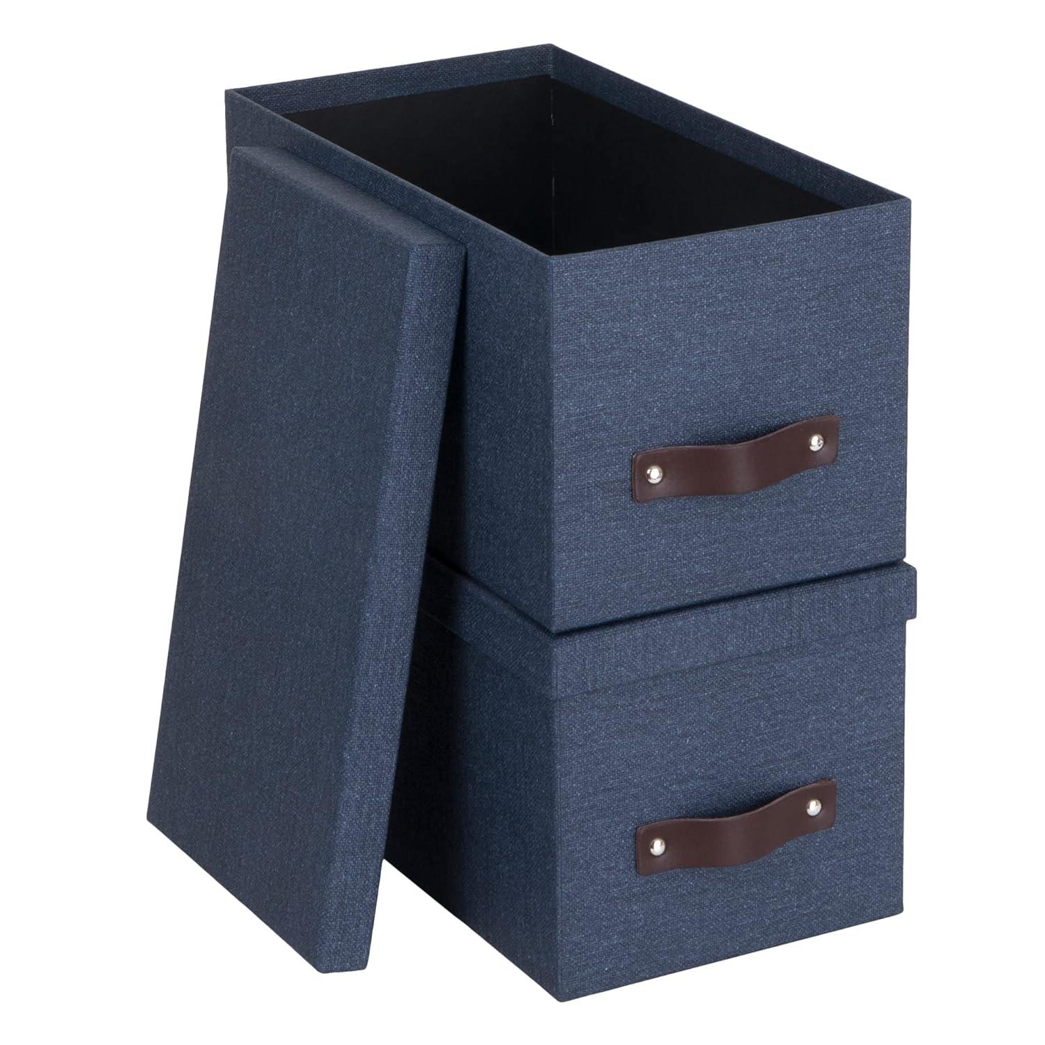Bigso Box of Sweden Silvia Organizational Storage Box with Leather Handle for Shelves and Stacks Easily - Durable and Decorative Storage Boxes with Lids - 5.9 in x 6.5 in x 11.6 in - 2 Pack - Blue