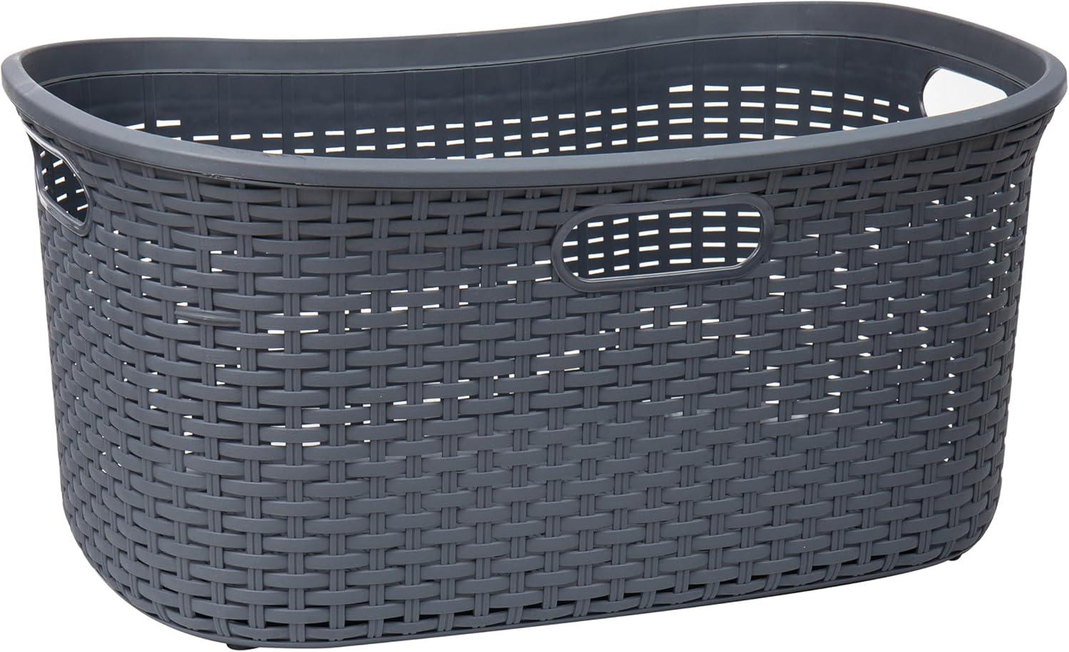 Mind Reader 40L Laundry Basket, Clothes Hamper, Wicker Design, Plastic, 23"L x 14.5"W x 11"H, Gray