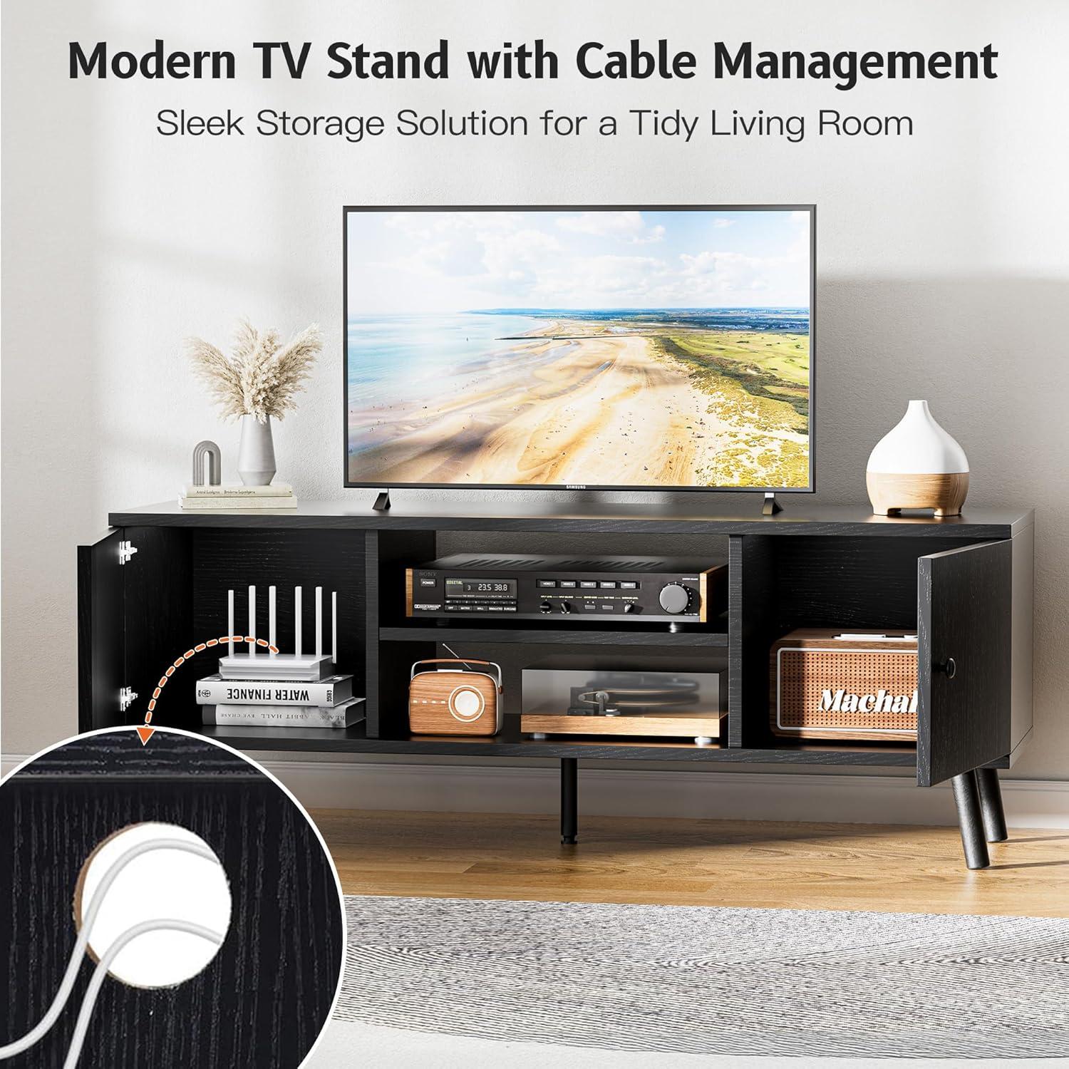 Simple Deluxe TV Stand for 55 60 inch TV, Entertainment Center with Storage Cabinet, Media Console Table 2 Cabinet, Soft Hinge, Handle Door, Wooden Living Room, Office Furniture, Black