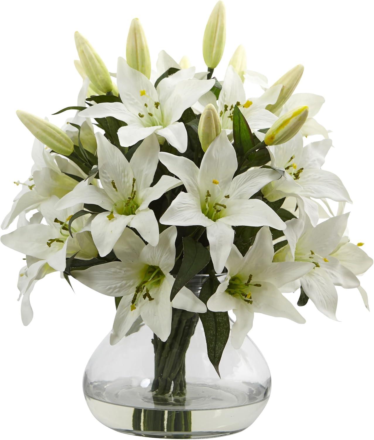 Nearly Natural Large Lily Arrangement with Vase