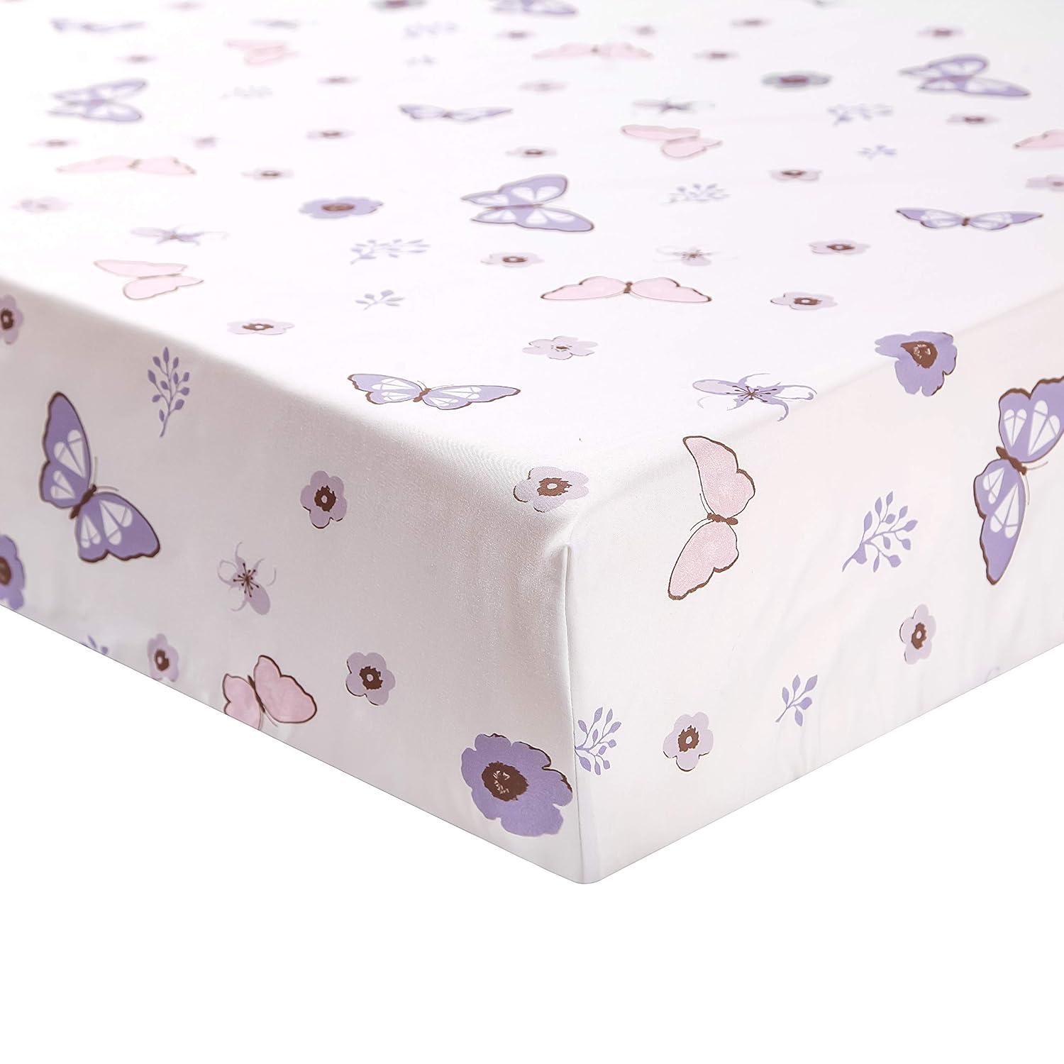 La Premura 3-Piece Purple Butterfly Baby Crib Bedding Set for Girls, Lilac Standard Size Crib Set for Baby Girl, Comforter, Fitted Sheet, and Dust Ruffle Skirt, Baby Nursery Floral Design for Girls