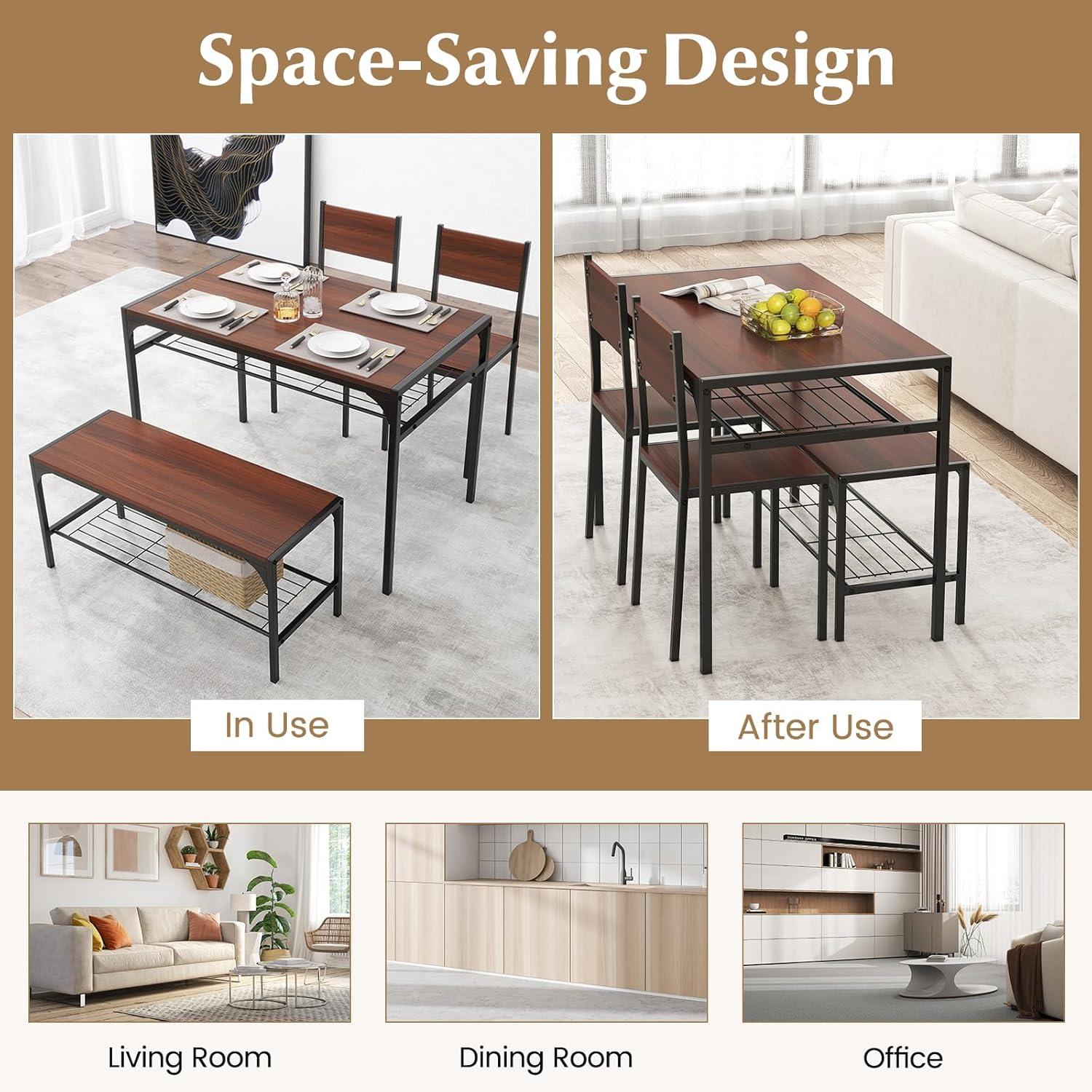 Costway 4pcs Dining Table Set Rustic Desk 2 Chairs & Bench w/ Storage Rack Brown