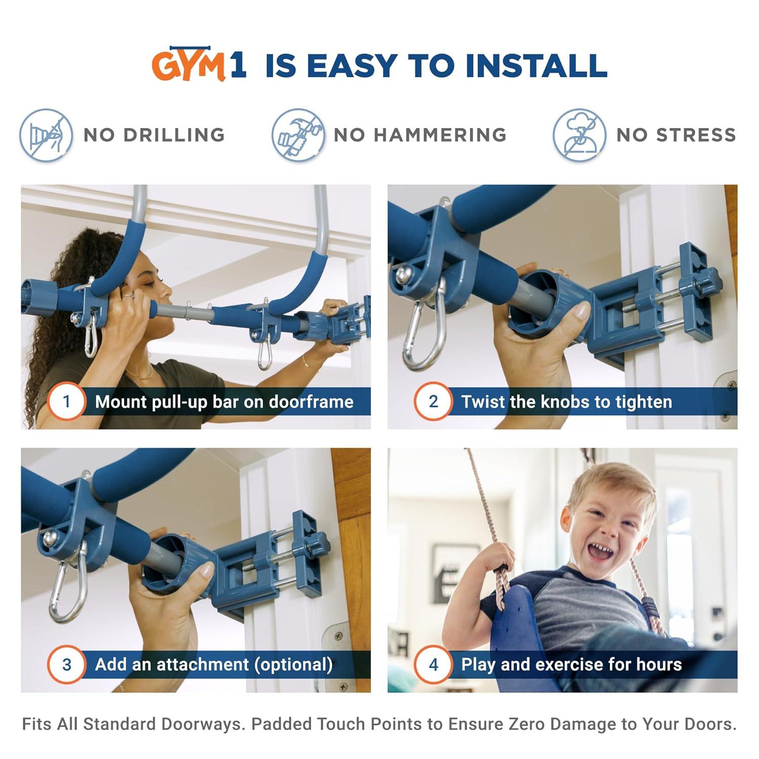 Gym1 4-Piece Deluxe Indoor Doorway Gym Set for Kids | Includes Swing Chair, Pull-Up Bar, Rings & Ladder