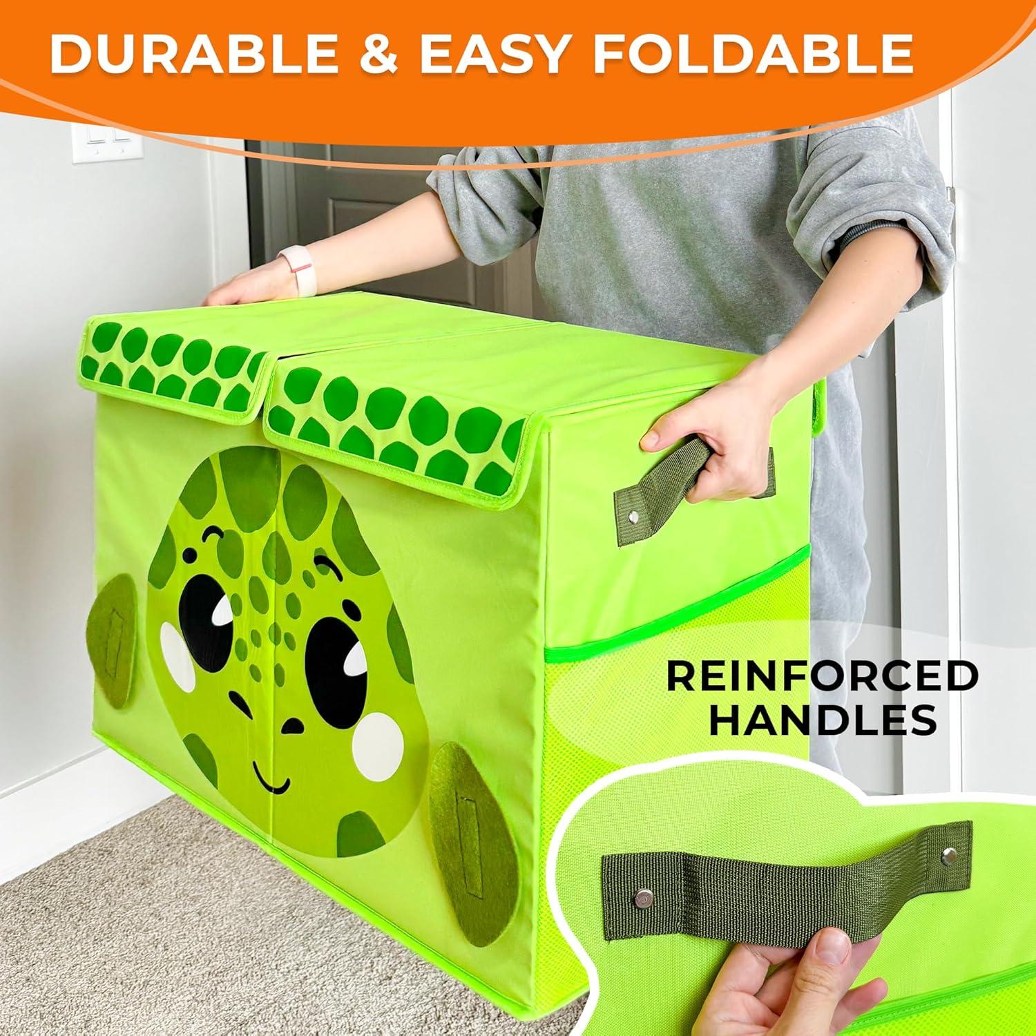 Green Turtle Fabric Collapsible Toy Storage Box with Flip-Top Lids