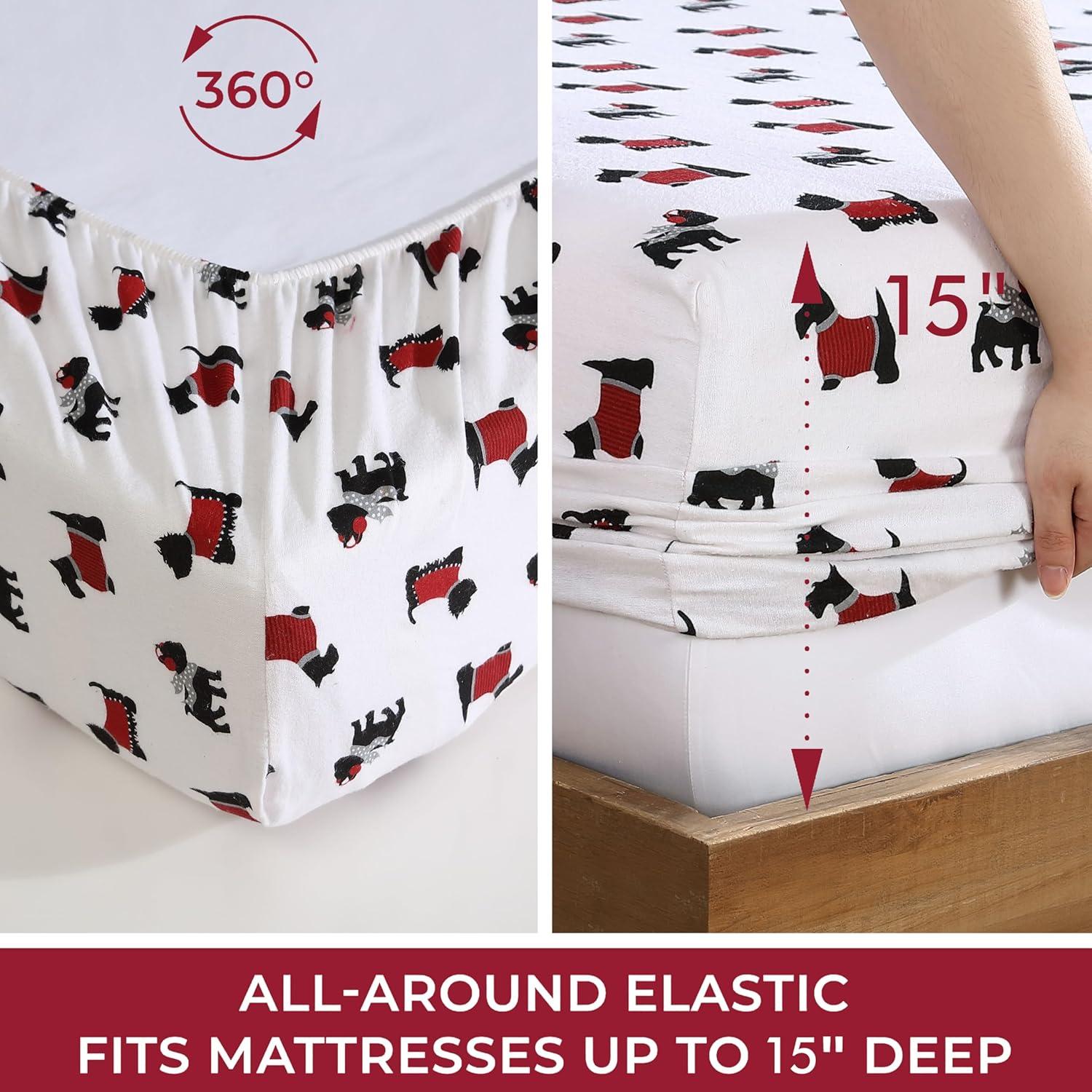 Beatrice Home Fashions 3-Piece Winter Holiday Flannel Sheet Set, Soft, Cozy, 100% Cotton, 15-inch Deep Pockets, Twin, Warm Doggies Red